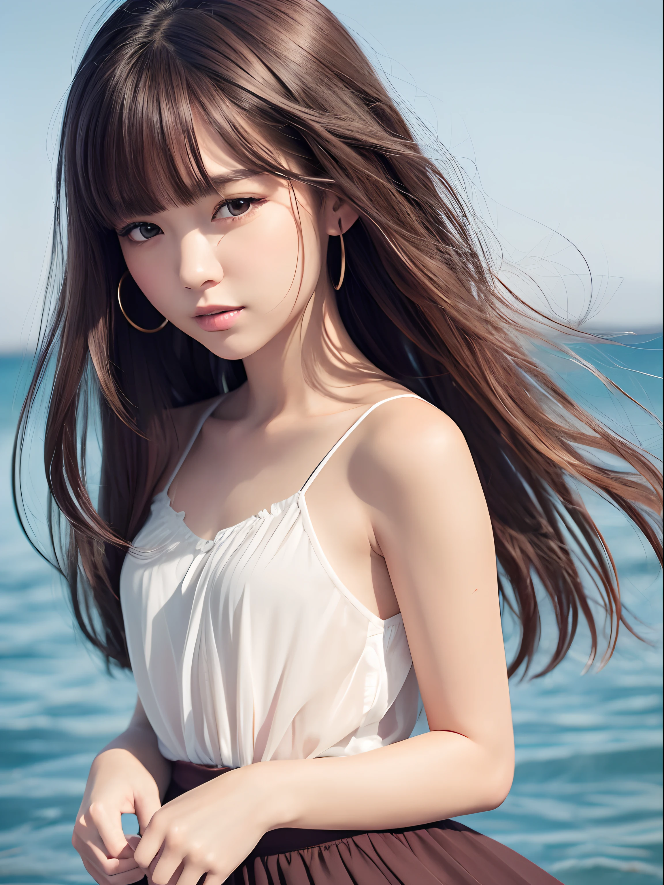 (highest quality, 32k, High resolution, Masterpiece:1.5, ), marimo_jet, ((Stormy Night:1.3)), Detailed sea and sky, ((Standing on the raging ocean:1.4)), Beautiful Japanese Girl, An exceptionally beautiful face, With a small candle in each hand, Shiny brown hair, Super long straight silk hair swaying in the wind, Asymmetrical bangs, Hair between the eyes, Magical big eyes, Rich expression of emotions, Motherhood and generosity, love, Fleeting Expression, Clear, smooth, white skin, Natural Makeup, Cheek highlighter, Beautifully trimmed, thin and fine eyebrows, Pale pink detailed lips, White simple dress, With a small flame in each hand,, calm and calm look, Inner strength, Illuminates everything around, Professional Lighting, Professional Photographer, Professional Model, mysterious