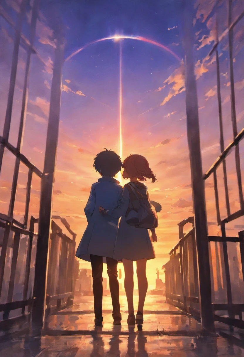 Background of sunset gradient，On the left is the silhouette of the house，To the right of the silhouette of the old man is the silhouette of the child coming home，Above the horizon