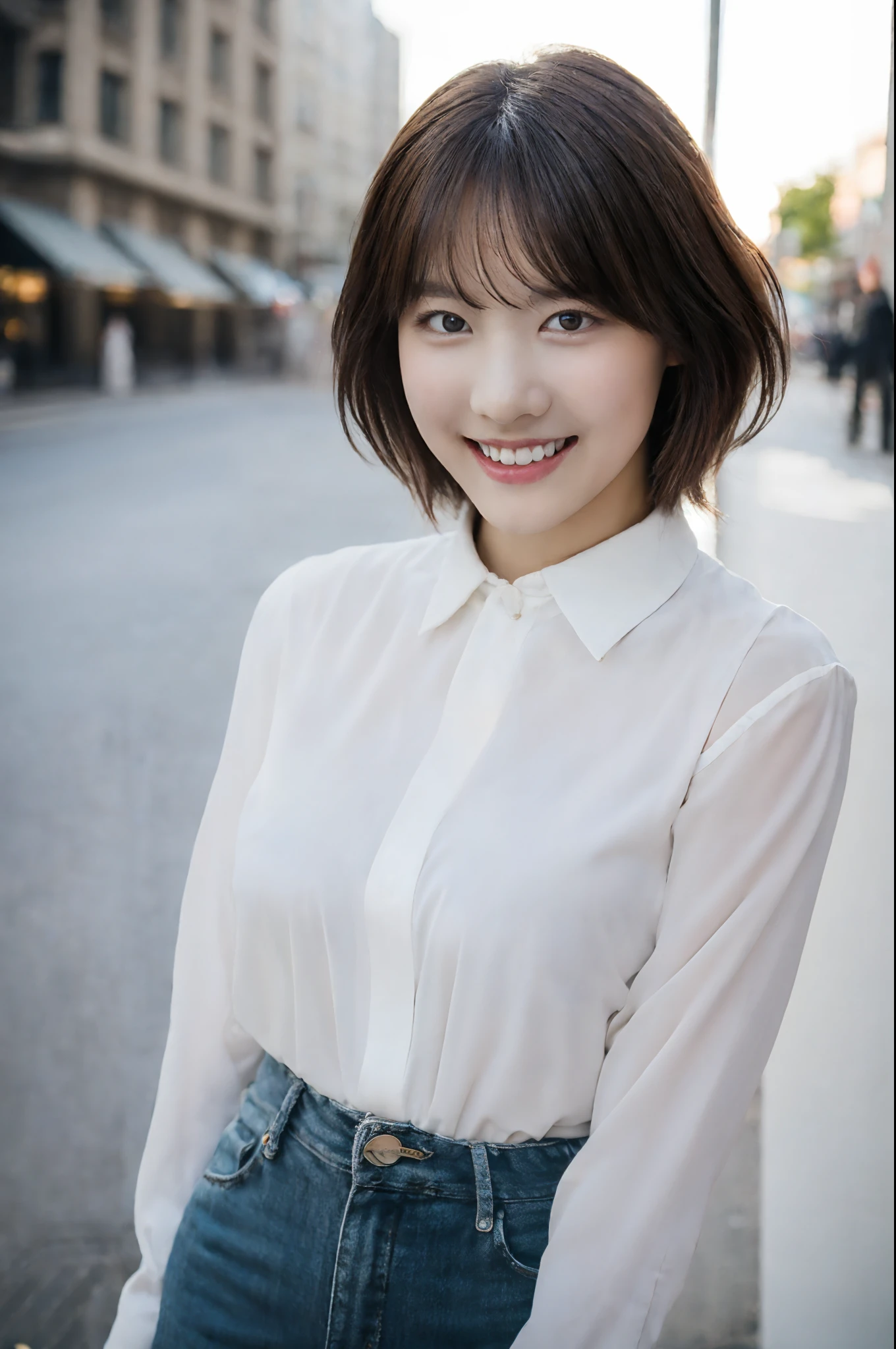 「1 beautiful woman、Pio Apple Photos、Brown hair、top-quality、White shirt、(Face Details:1.4)、(point of view:1.4)、glowy skin、A smile、Street background、(A half body:1) Shorthair