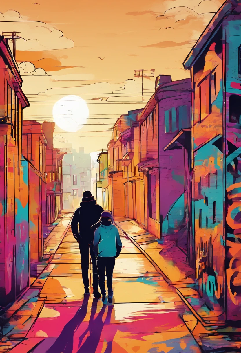 Background of sunset gradient，On the left is the silhouette of the house，To the right of the silhouette of the old man is the silhouette of the child coming home