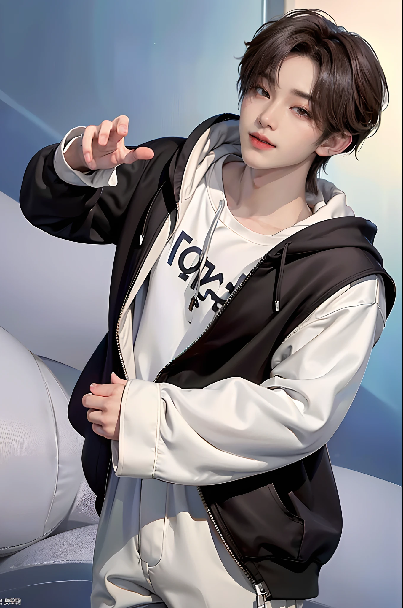 ((4K works))、​masterpiece、（top-quality)、((high-level image quality))、Happiness、((One Manly Boy))、K-pop idol photos、Slim body、((Stylish black hoodie and white pants))、(Detailed beautiful eyes)、Stylish city view on background、Face similar to Chaewon in Ruseraphim、((short hair above the ears))、((Smaller face))、((Neutral face))、((Light brown eyes))、((Korean boy))、((18year old))、((Handsome man))、((Gentle smile))、((Korean Makeup))、((elongated and sharp eyes))、((Zoom up to face))、((Face enhancement))、((Focus zoom in))、((MV shooting))、((Photos of only one person))、Reaching out and holding hands with viewers