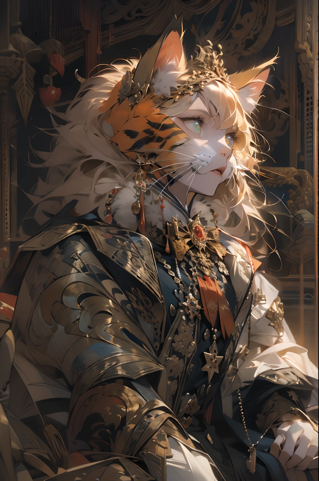 ((A cat in clothes)),，Full shot，Fluffy hair, Anthropomorphic expressions, Rich colors, Exquisite details, Masterpiece, Realistic，artsation, CG, Realistic, illusory engine , Real light and shadow, Beautiful rich colors, Amazing details, High quality，A pair of ears