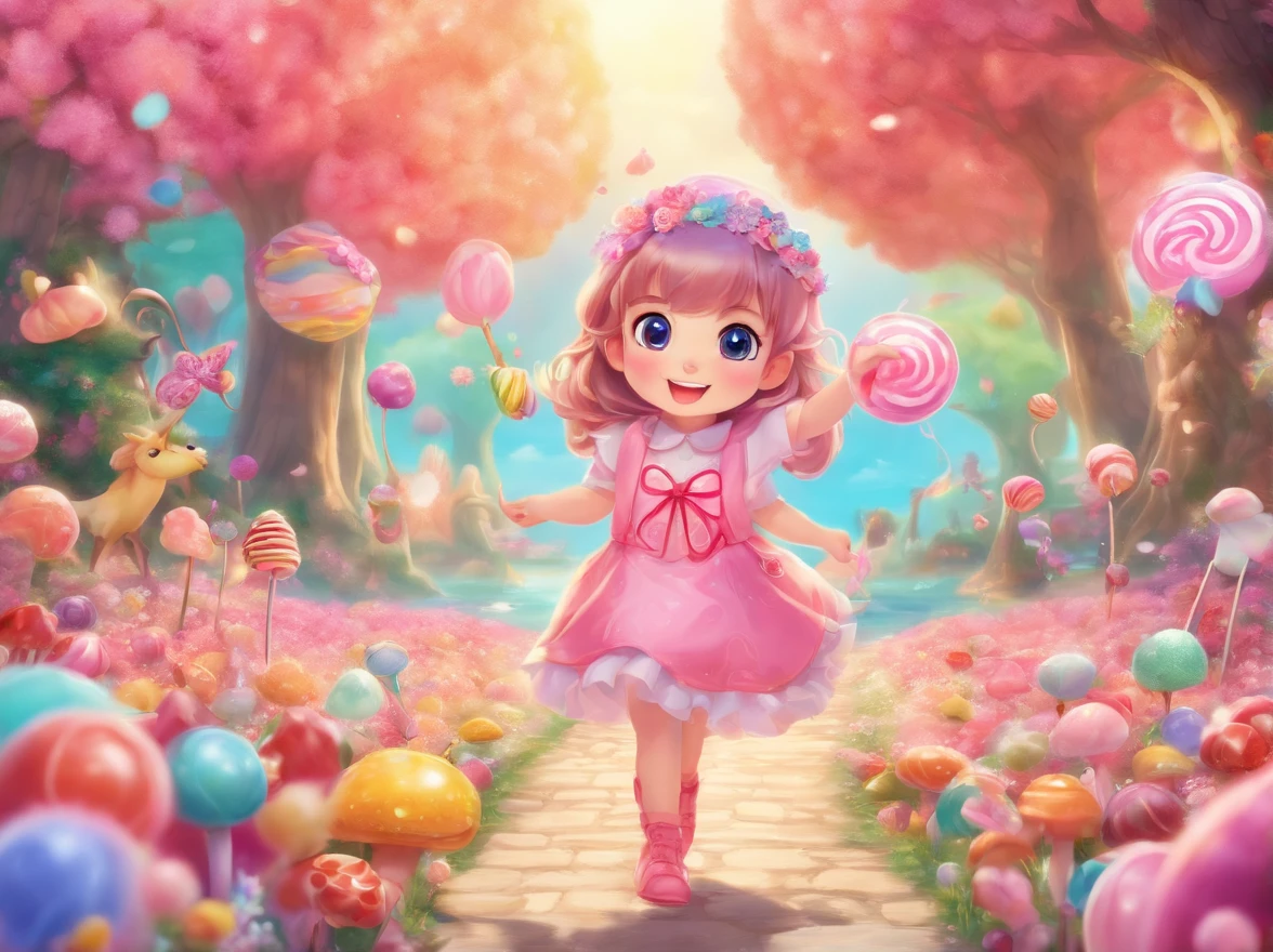 best quality,4k,8k,highres,masterpiece:1.2,ultra-detailed,realistic:1.37,pink candy forest,dreamy,enchanted,magical,whimsical,fairy tale,happiness,sweetness,fantasy,playful,girl in a pink dress,floating cotton candy clouds,chocolate trees with candy leaves,multi-colored lollipops growing on the ground,glistening sugar crystals,sprinkles falling from the sky,magical unicorns gathering near a chocolate waterfall,giant gumdrop mushrooms,sparkling candy canes lining the path,sweet aroma filling the air,soft pastel colors,glowing sunlight filtering through the candy canopy,joyful laughter of children,delightful surprises around each corner,delicious treats everywhere,feeling like stepping into a whimsical dreamland,carefree and full of wonder,bringing out the inner child,sugar rush of happiness,endless exploration and adventure,memories of childhood innocence,unforgettable experience of pure joy.