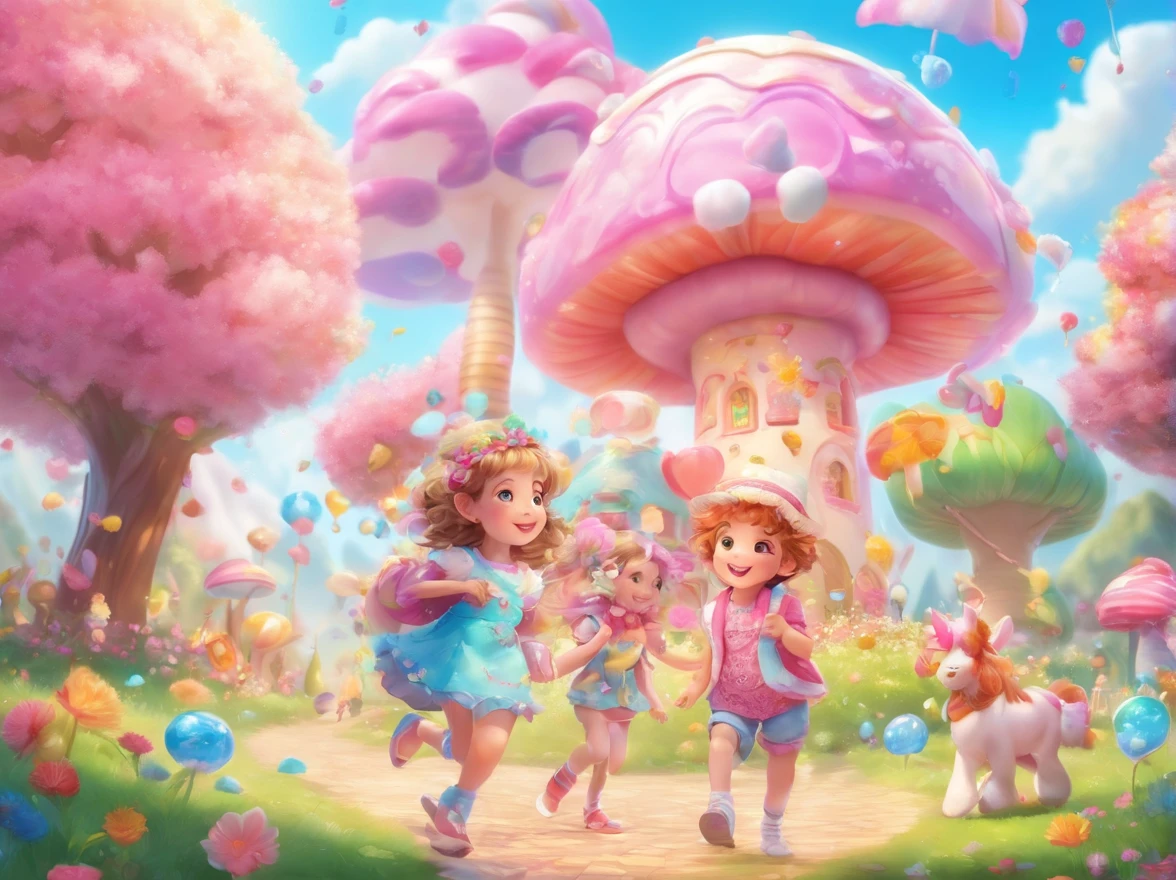 best quality,4k,8k,highres,masterpiece:1.2,ultra-detailed,realistic:1.37,pink candy forest,dreamy,enchanted,magical,whimsical,fairy tale,happiness,sweetness,fantasy,playful,girl in a pink dress,floating cotton candy clouds,chocolate trees with candy leaves,multi-colored lollipops growing on the ground,glistening sugar crystals,sprinkles falling from the sky,magical unicorns gathering near a chocolate waterfall,giant gumdrop mushrooms,sparkling candy canes lining the path,sweet aroma filling the air,soft pastel colors,glowing sunlight filtering through the candy canopy,joyful laughter of children,delightful surprises around each corner,delicious treats everywhere,feeling like stepping into a whimsical dreamland,carefree and full of wonder,bringing out the inner child,sugar rush of happiness,endless exploration and adventure,memories of childhood innocence,unforgettable experience of pure joy.