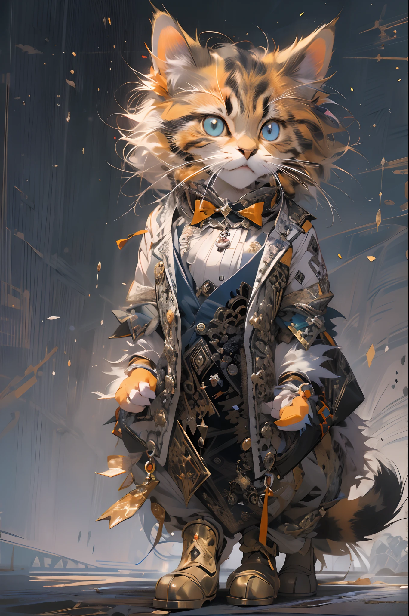 ((A cat in clothes)),,Full shot,Fluffy hair, Anthropomorphic expressions, Rich colors, Exquisite details, Masterpiece, Realistic,artsation, CG, Realistic, illusory engine , Real light and shadow, Beautiful rich colors, Amazing details, High quality,A pair of ears