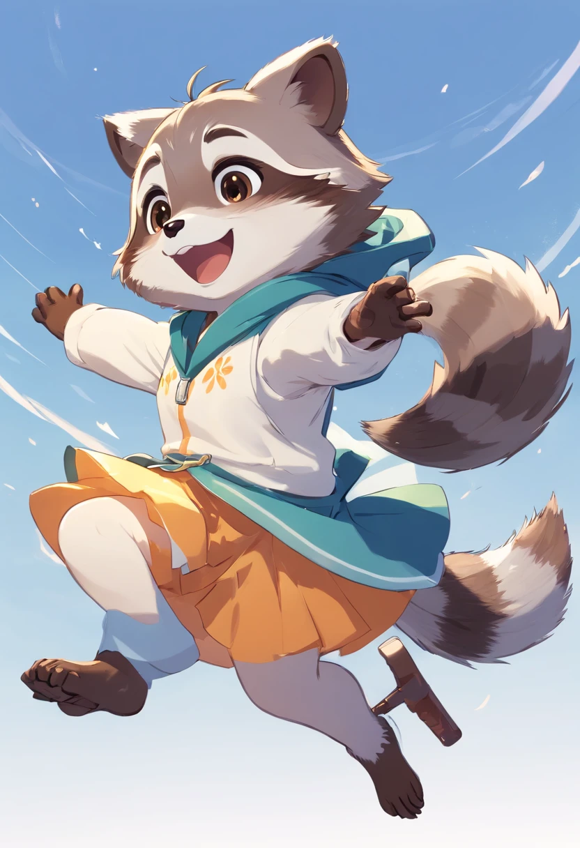1 cute racoon, victory pose, smiling, simple white backgroung, chibi body