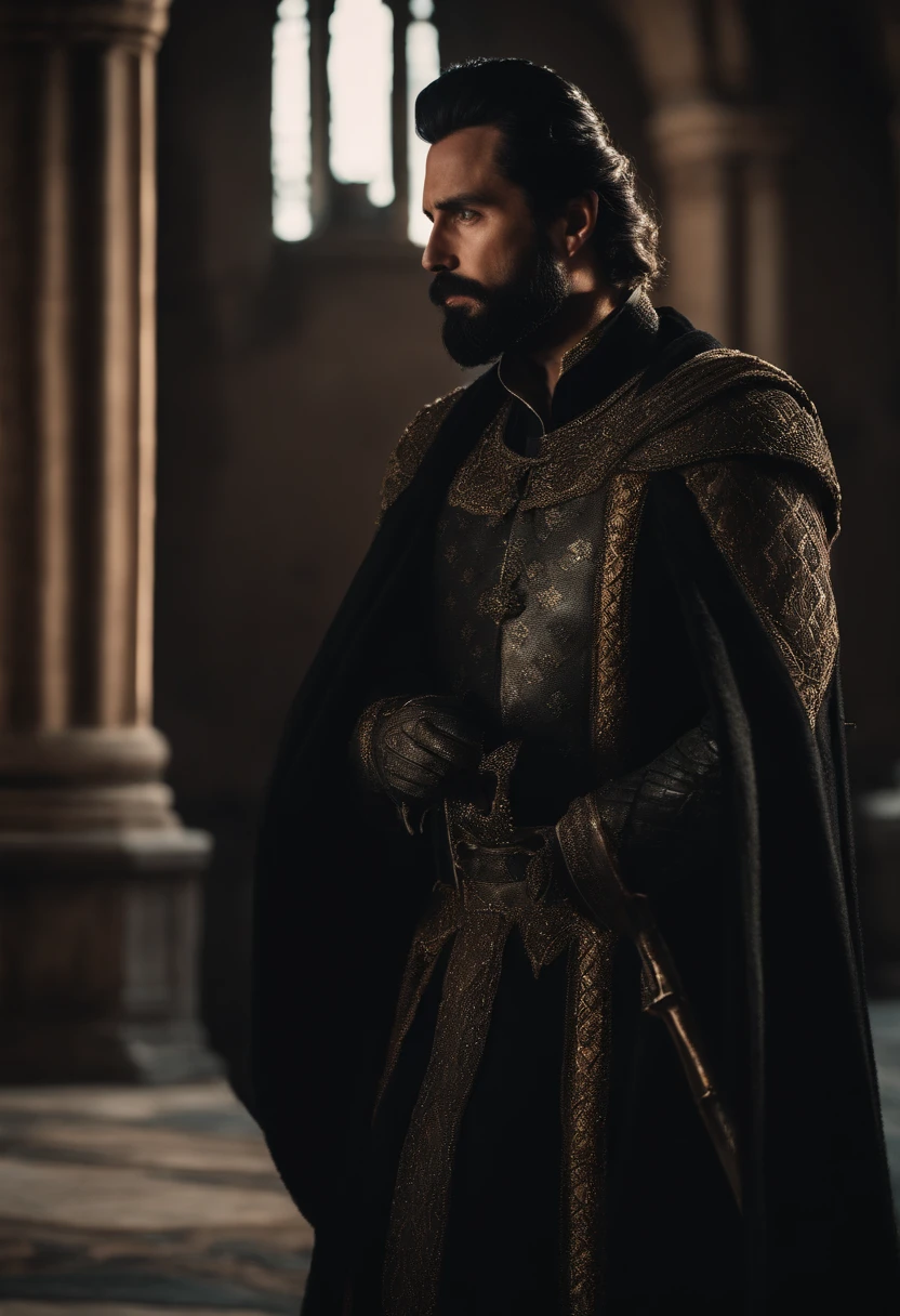 Man, A king, black hair, black beard, wearing king outfit, in castle, 8k