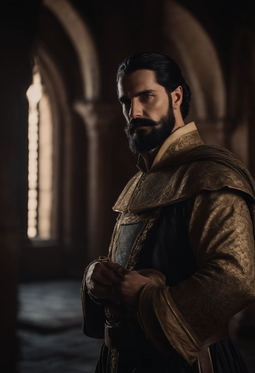 Man, A king, black hair, black beard, wearing king outfit, in castle, 8k