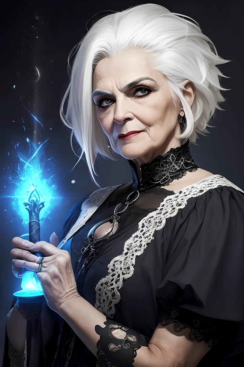 (papel de parede 8k extremamente detalhado), An average photo of a beautiful old woman with necromancer white hair, intrincado, alto detalhe, Dramatic