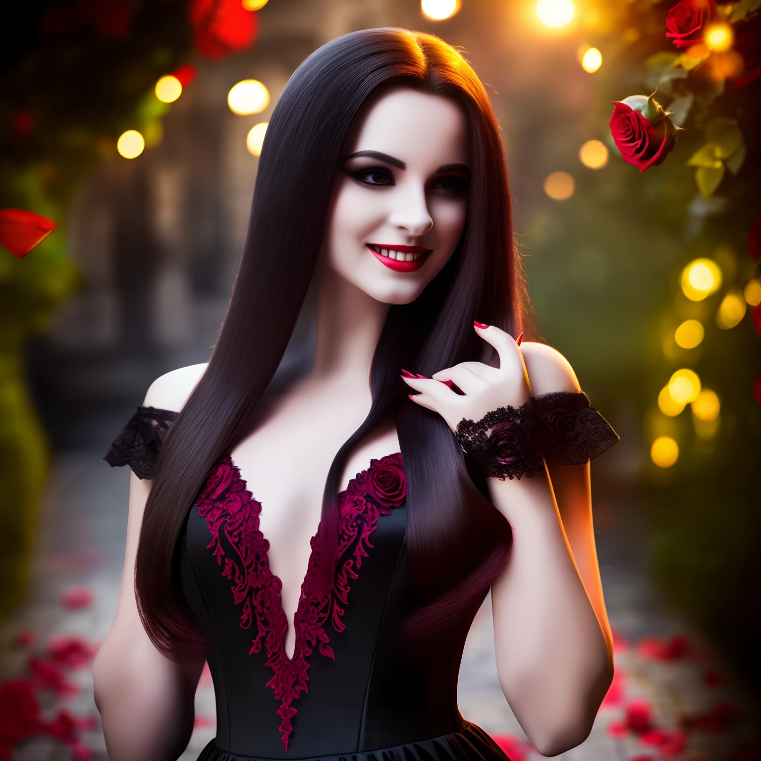 a vampire in love,long flowing hair,blood-red eyes,sharp fangs,listening to classical music in a moonlit garden,a mesmerizing smile,black lace dress,gently holding a red rose in her hand,the rose petals falling like drops of blood(best quality,ultra-detailed,realistic:1.37),dark and romantic,soft candlelight illuminating her porcelain skin,casting elegant shadows on the cobblestone path,vivid colors contrasting with the night's darkness,subtle glow surrounding her,surreal and captivating scene.