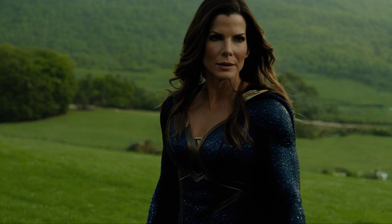 ((Corpo definido pelas mulheres,Um cabelo escuro,21 anos, (Sandra Bullock),fantasia de supergirl,(rain day),Botas longas vermelhas,Traje brilhante,Ratex,uma minissaia,luvas de couro)), ((Olhos detalhados, Olhos de alta qualidade, Rosto de alta qualidade)), vestido azul claro extremamente complexos, magical robes), magia, (dramatic), epic, campo de flores, profundidade de campo, bokeh, 4k, gotica, cinzas, particules))