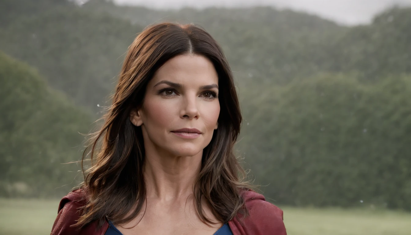 ((Corpo definido pelas mulheres,Um cabelo escuro,21 anos, (Sandra Bullock),fantasia de supergirl,(rain day),Botas longas vermelhas,Traje brilhante,Ratex,uma minissaia,luvas de couro)), ((Olhos detalhados, Olhos de alta qualidade, Rosto de alta qualidade)), vestido azul claro extremamente complexos, magical robes), magia, (dramatic), epic, campo de flores, profundidade de campo, bokeh, 4k, gotica, cinzas, particules))