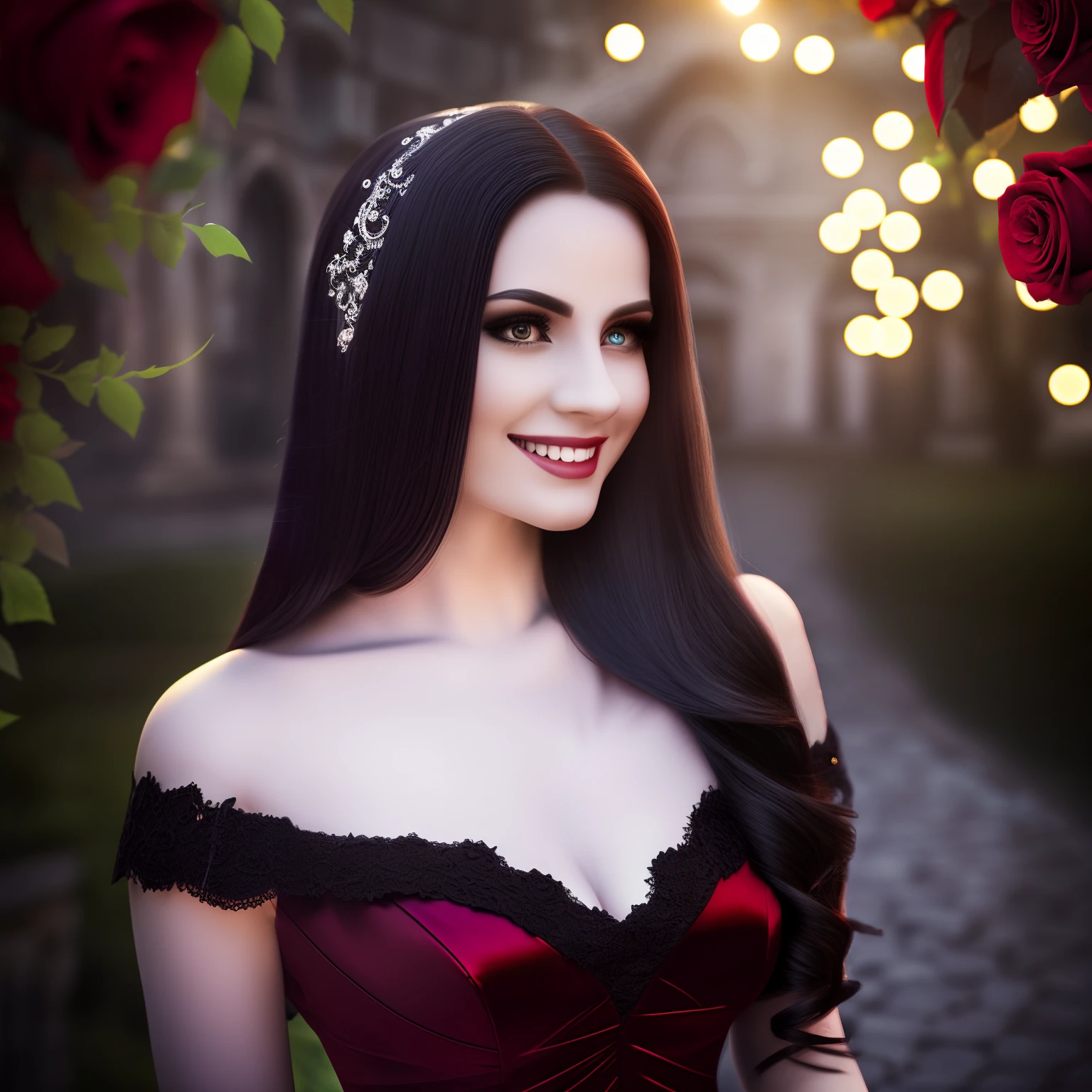 a vampire in love,long flowing hair,blood-red eyes,sharp fangs,listening to classical music in a moonlit garden,a mesmerizing smile,black lace dress,gently holding a red rose in her hand,the rose petals falling like drops of blood(best quality,ultra-detailed,realistic:1.37),dark and romantic,soft candlelight illuminating her porcelain skin,casting elegant shadows on the cobblestone path,vivid colors contrasting with the night's darkness,subtle glow surrounding her,surreal and captivating scene.