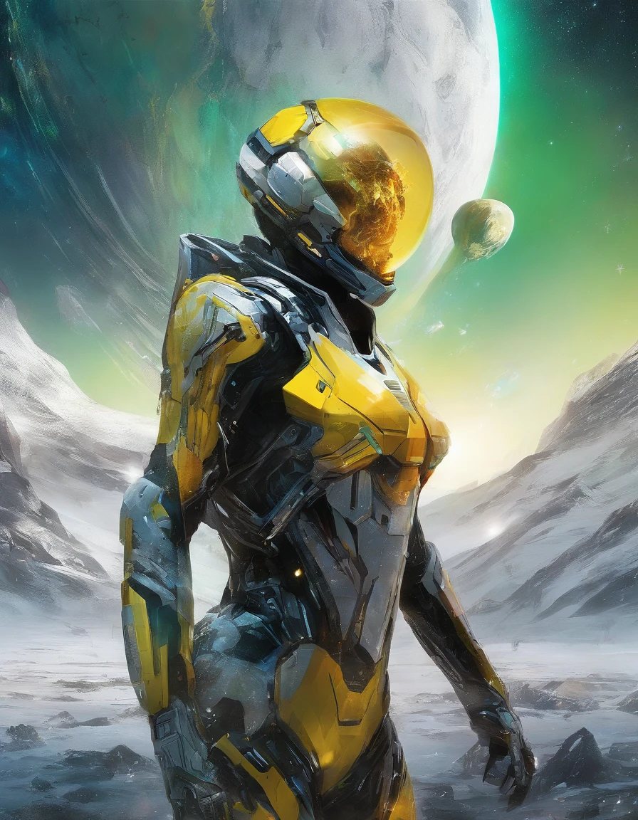 Crie uma pintura impressionistade um cavaleiro guerreiro assustador na neve transformando-se em cinzas cosmicas, (olhando para a frente) , Sober, (fundo preto), UHD 8k, Very high quality for excellent printing. Lighting that highlights the figure in relation to the background, cores verde, amarelo e vermelho, artistic, intrincado