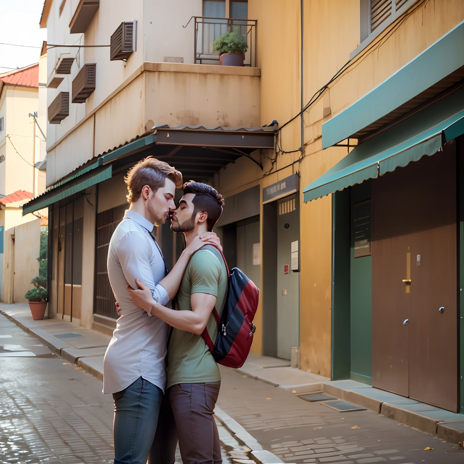 Dois homens brasileiros se beijando na rua.