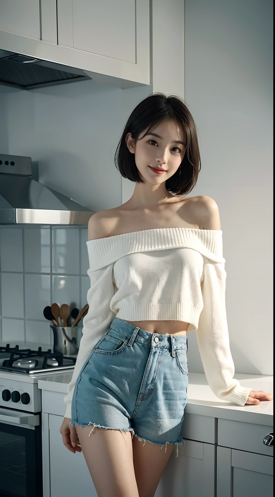 small head, (Well-defined abs: 1.1), (perfect bodies: 1.1), (short-length straight short hair: 1.2), （极其细致的CG 8k壁纸），（Extremely refined and beautiful），（tmasterpiece），（best qualtiy：1.0），（超高分辨率：1.0），upper body，[A high resolution]，cheerfulness，Smile，Smooth and flawless fair skin，ultra - detailed ，Elongated legs，（Small breasts:1.1),Flat chest,Slim，emaciated，（white off-shoulder sweater:1.4),white mini shorts,White leg ring,White socks,In a kitchen，Teal background，Next to the stovetop，Cooking，from front，Close shot，nightfall，warm light,Several dishes on table，standing