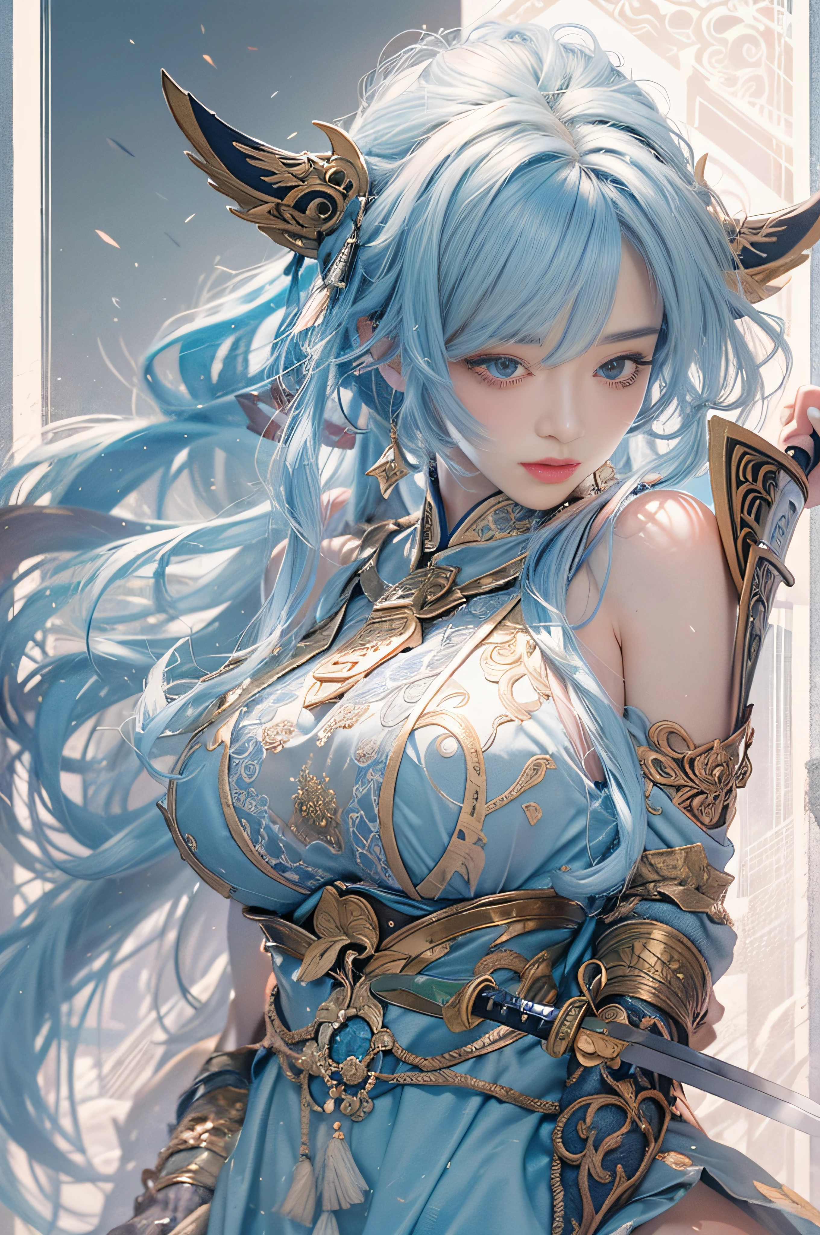 ((Jeizuo))),(((best qualit))),((ultra-detailliert)),(A hyper-realistic),(High Definition CG Illustration),Movie Light,Lifelike,(ganyu),Very beautiful young lady,Whirlwind,A bell hangs on his chest,(Beautiful face and lips),Light makeup,Intricate Details EBA,lightblue hair,blue cloak,Popular on ArtStation,Big thighs,fully body photo、Japanese Katana Sword、Japanese dress、Colossal tits、A sexy、Overexposed