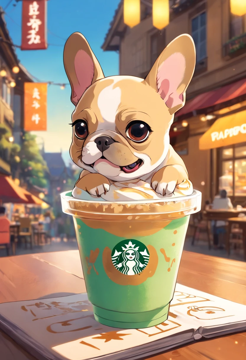 best quality,highres,(realistic:1.37),(vivid colors:1.1),French Bulldog cup in the shape of a cartoon, colorful Starbucks-style Fraappuccino,[French Bulldog logo],[unique],[cartoonish],detailed bulldog face,fancy background,cute expressions,playful atmosphere,creative composition,colored straw and cup lid,chilled drink effect,artistic flair,whimsical elements,cute and funny details,light-hearted vibe,attention to fur and wrinkles,expressive eyes and mouth