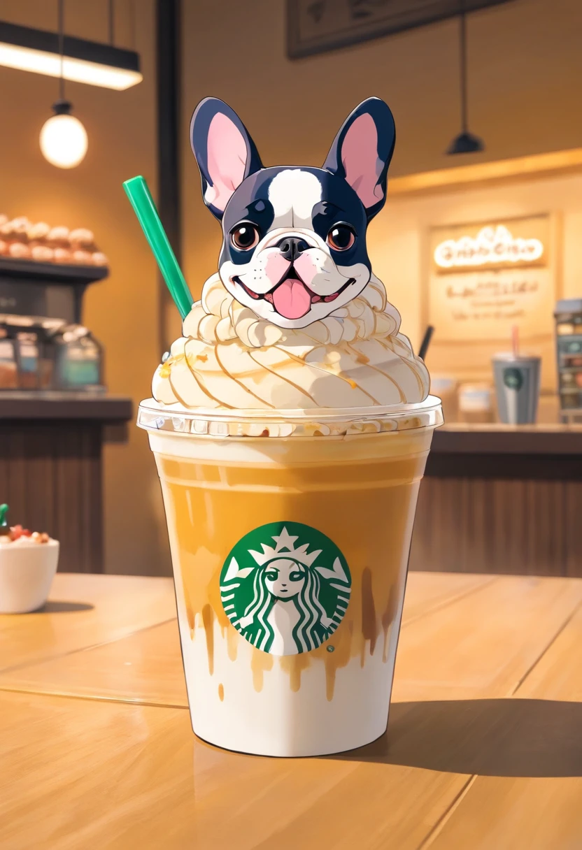 Unique, Cartoonish playful French bulldog-shaped cup, Colorful Starbucks-style frappuccino, French Bulldog Logo.