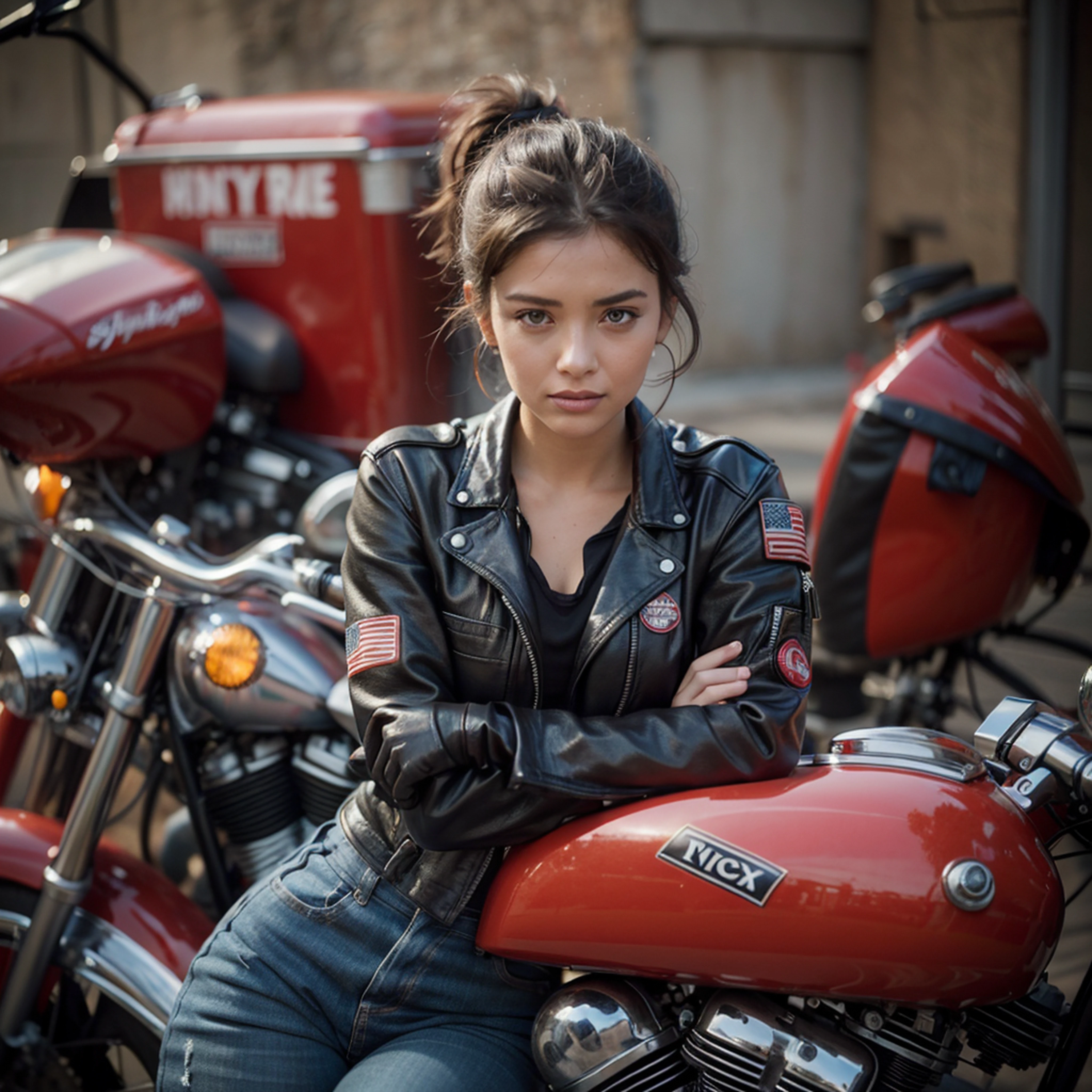 (photograph, 200mm lens, f/1.8), A close-up photograph of a woman mechanic leaning against a red chopper motorbike, stationary, New York background, she is wearing mechanic's coveralls, wind in her hair, a blurred background, depth of field, beautiful face, light makeup, looking to the side, standing next to a motorbike