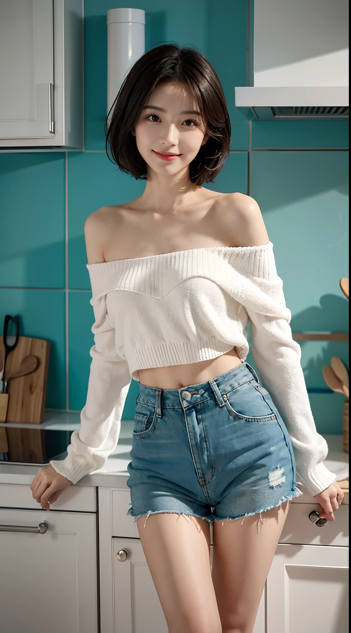 small head, (Well-defined abs: 1.1), (perfect bodies: 1.1), (short-length straight short hair: 1.2), （极其细致的CG 8k壁纸），（Extremely refined and beautiful），（tmasterpiece），（best qualtiy：1.0），（超高分辨率：1.0），upper body，[A high resolution]，cheerfulness，Smile，Smooth and flawless fair skin，ultra - detailed ，Elongated legs，（Small breasts:1.1),Flat chest,Slim，emaciated，（white off-shoulder sweater:1.4),white mini shorts,White leg ring,White socks,In a kitchen，Teal background，Next to the stovetop，Cooking，from front，Close shot，nightfall，warm light,Several dishes on table，standing