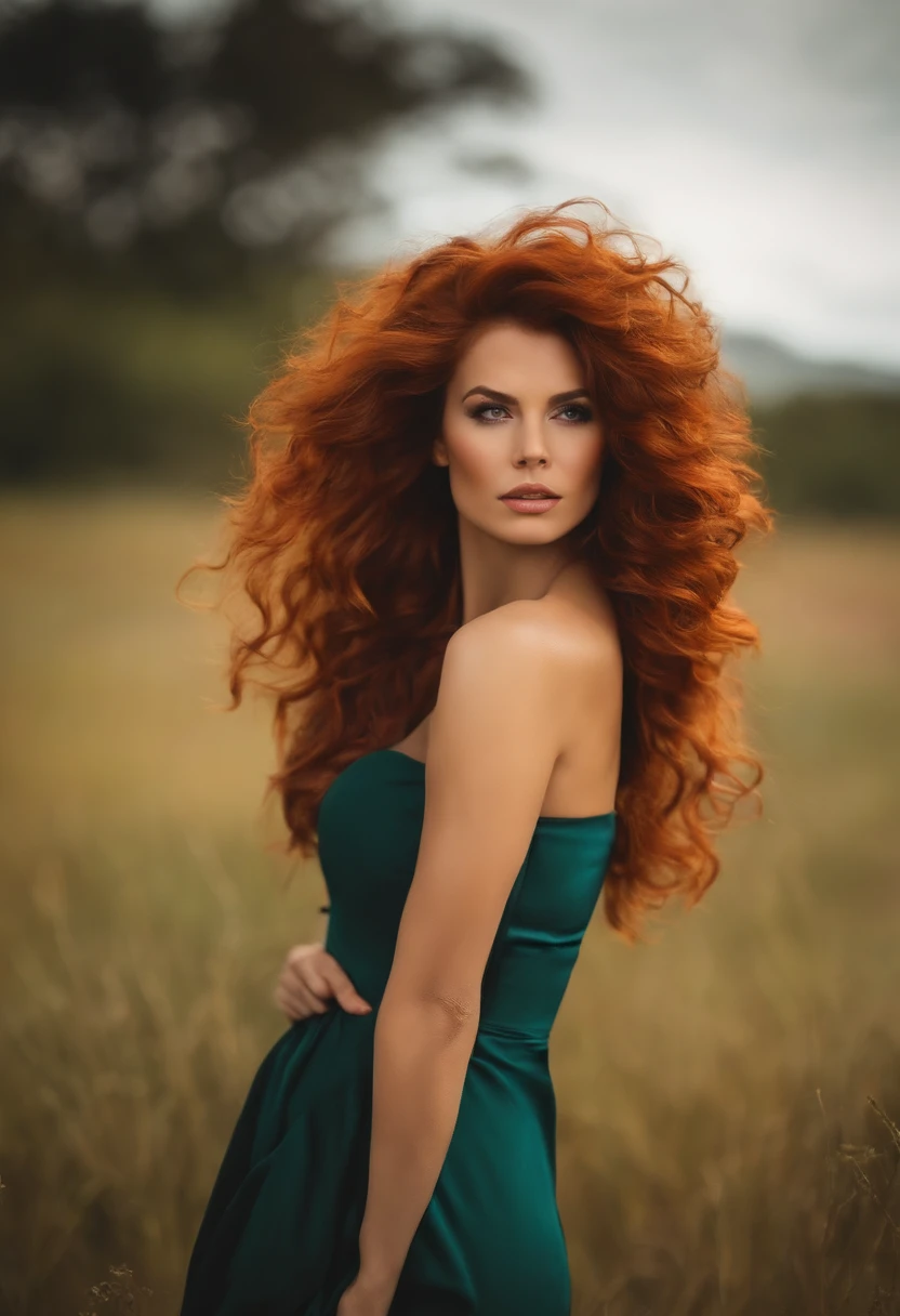 mulher ruiva linda , cabelo liso , cabelo grande , vestido