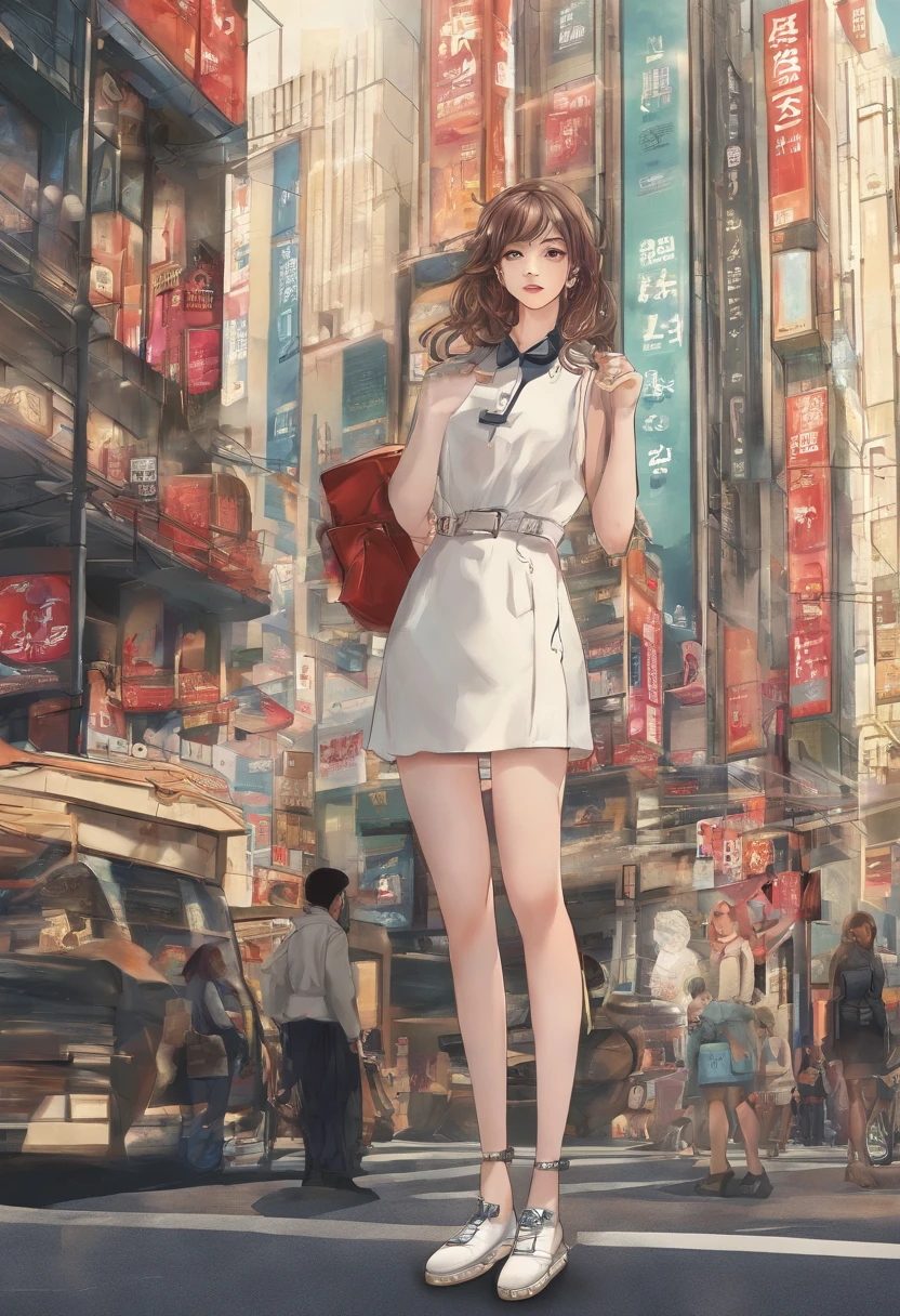 女の子1人、on tokyo street、during daytime、A city scape、city light、The upper part of the body、a closeup、Raw photography、top-quality、​masterpiece、realisitic、Photorealsitic、in her 20s、年轻、tshirts