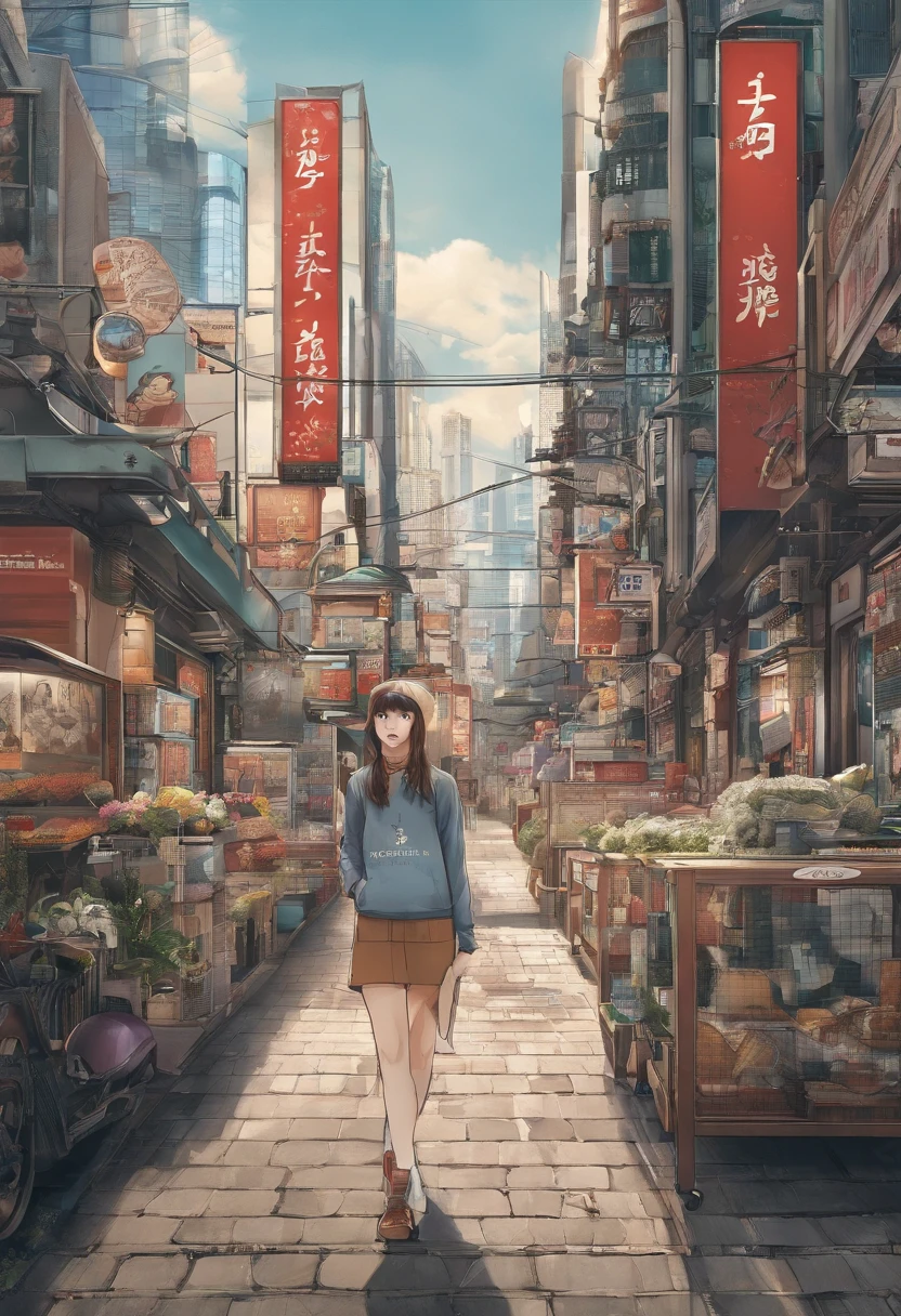 1人、on tokyo street、during daytime、A city scape、city light、The upper part of the body、a closeup、Raw photography、top-quality、masterpiece、realisitic、Photorealsitic、in her 20s、年轻、tshirts
