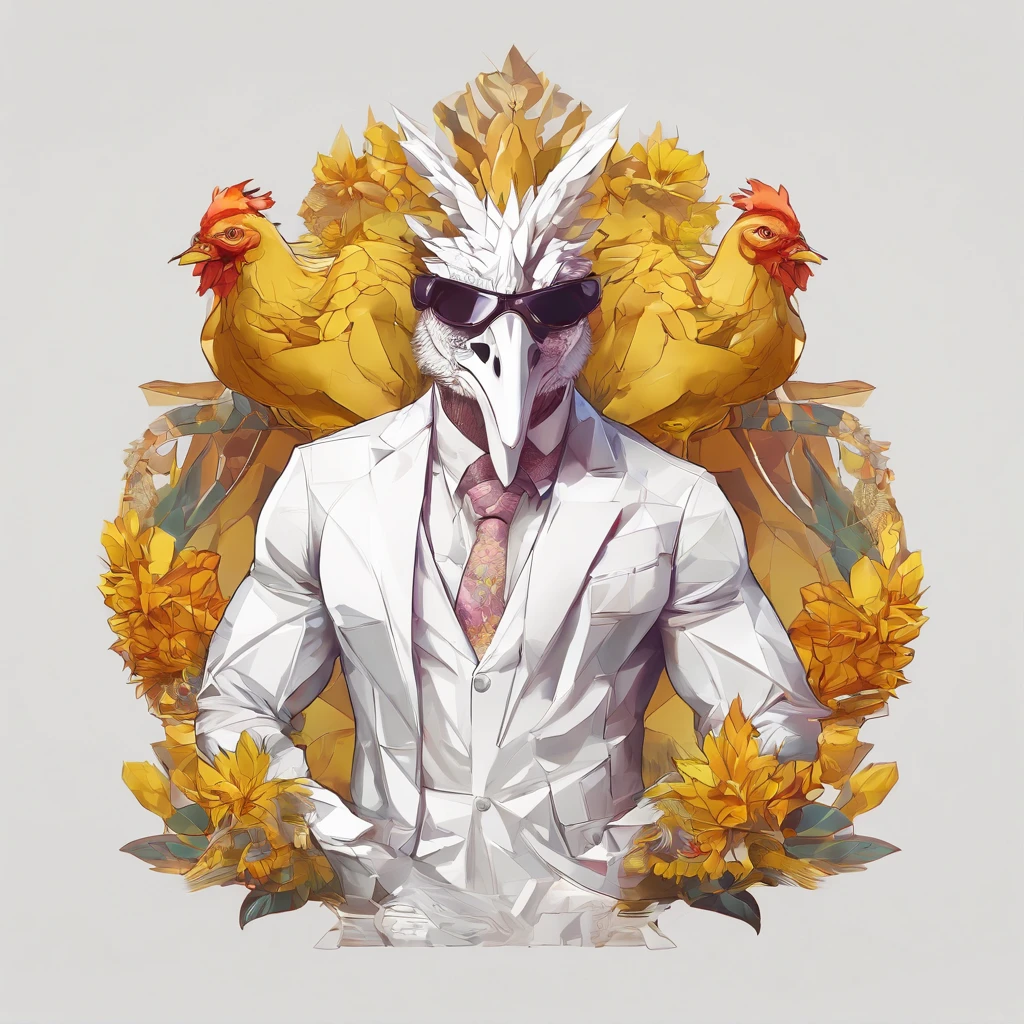 body builder、Only the head is a chicken human、colourfull、Perfect alignment, body builder、Chickens only the head,Crystal Vase,Rose flower, Wearing sunglasses, cheerfulness, Standing position, Abstract beauty, Centered, Looking at the camera, Facing the camera, Approaching perfection, Dynamic, Highly detailed, Smooth, Sharp Focus, 8K, hight resolution, Illustration, art by carne griffiths and wadim kashin, White background、Kitchen car、body builder、Man with a chicken head、Create a captivating photoshoot featuring Chicken Man, Wear a magnificent tanjak as a traditional headpiece. A majestic head places a chicken human on an enchanting grand throne, Castle in Another World. Use creative editing techniques、Head blends chicken human and luxurious settings seamlessly, Elevate the overall atmosphere with subtle magic and ethereal elements. This piece should evoke a strong sense of awe, power, and Enchanted, Head dressed in glittering yellow costume、Invites viewers into an enchanting and mythical world ruled by a human chicken king、full body Esbian、Dynamism、Vivid images that will surprise everyone
