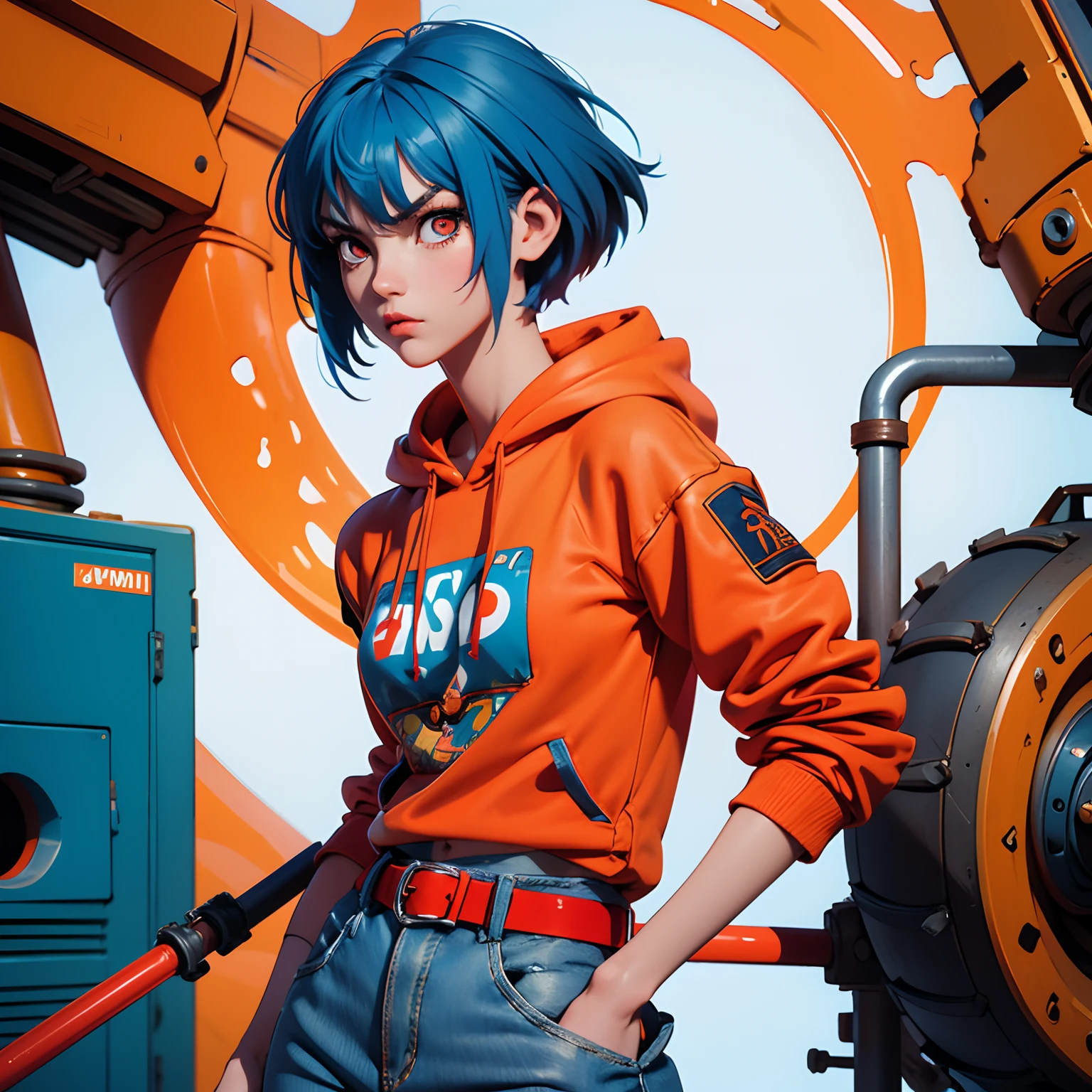 blue hair girl, (1 girl), (solo), (high quality), slim body, orange hoodie, short hair, serious face, big red eyes, skirt jeans, red belt, holding a long metal pipe, high detailed