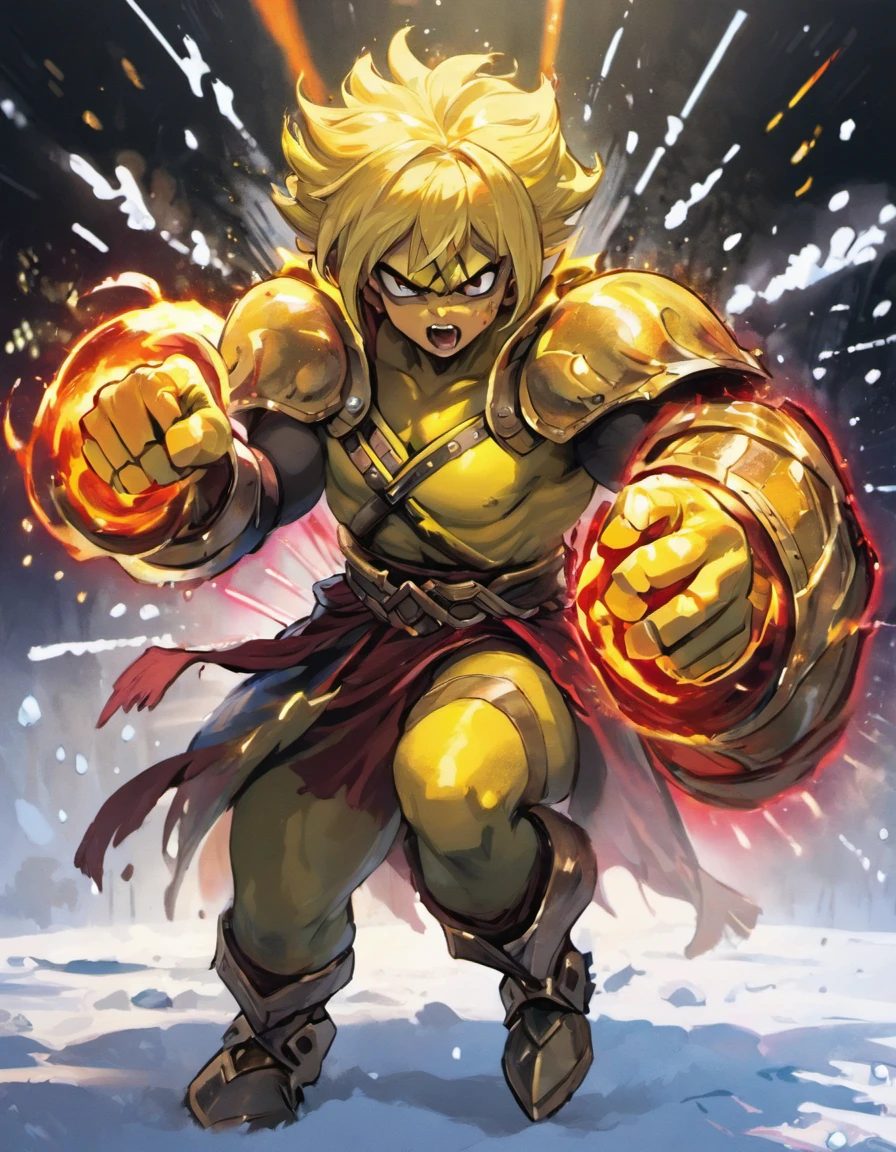 Crie uma pintura impressionistade um cavaleiro guerreiro assustador na neve transformando-se em cinzas cosmicas, (olhando para a frente) , Sober, (fundo preto), UHD 8k, Very high quality for excellent printing. Lighting that highlights the figure in relation to the background, cores verde, amarelo e vermelho, artistic, intrincado