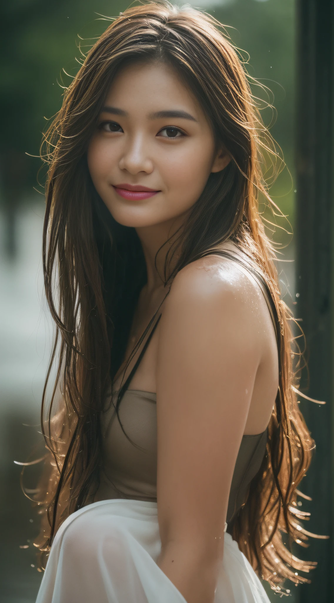 ((Day, Best Quality, 8K, Masterpiece: 1.3, Realistic)), Perfect body beauty: 1.4, Slender abs: 1.2, ((Long wet layered brown hairstyle: 1.3, Medium Breasts: 1.2)), (Bandeau dress: 1.1, Standing: 1.3), (Outdoor, Korea, Wet streets background: 1.3), (Wet hair: 1.3, Wet: 1.1), Soft lighting: 1.2, Highly detailed face and skin texture, detailed eyes, double eyelids, seductive smile, seductive random pose, (Close camera view: 1.1, Face looking at the camera)