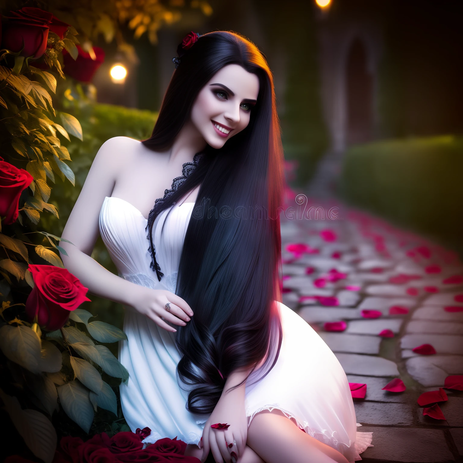 a vampire in love,long flowing hair,blood-red eyes,sharp fangs,listening to classical music in a moonlit garden,a mesmerizing smile,black lace dress,gently holding a red rose in her hand,the rose petals falling like drops of blood(best quality,ultra-detailed,realistic:1.37),dark and romantic,soft candlelight illuminating her porcelain skin,casting elegant shadows on the cobblestone path,vivid colors contrasting with the night's darkness,subtle glow surrounding her,surreal and captivating scene.