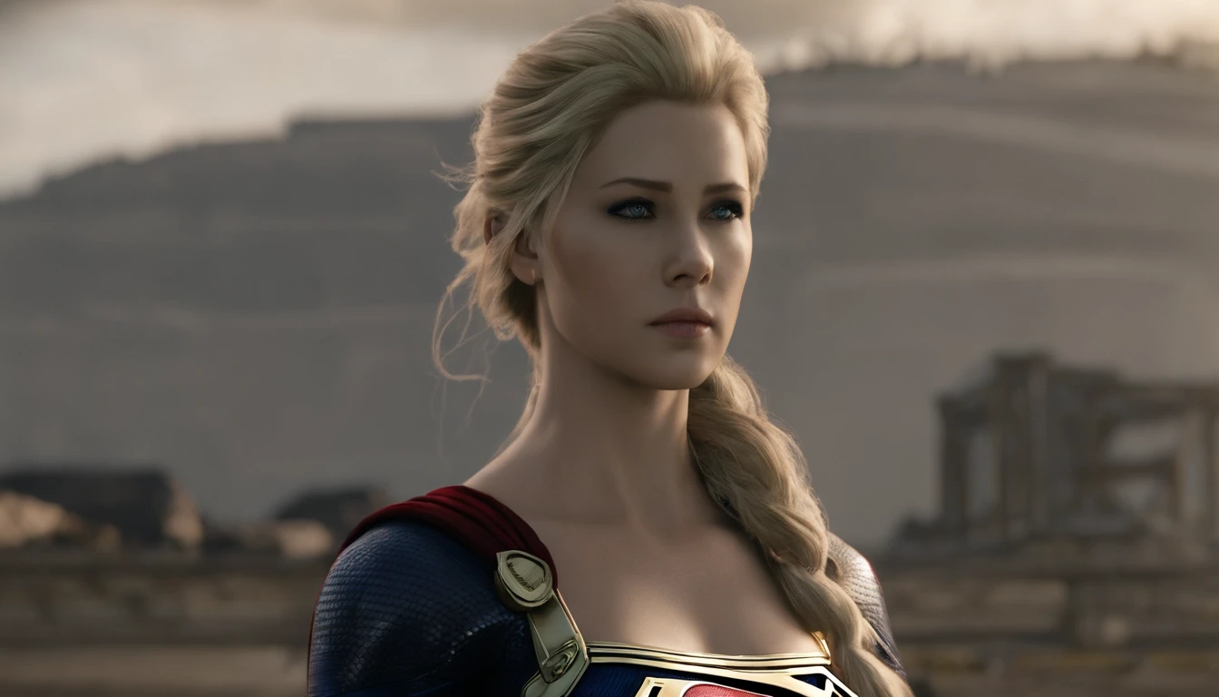 Supergirl (((Vista do rosto para a cintura::1. 4))), textura de pele realista, Front view::1.0, (((Final Fantasy aesthetic style))) em complexo & Traje de fantasia hiper detalhado (((efeito de brilho selvagem))), panoramic photo::1, Golden Hour Lighting, Cabelos brancos curtos & long braid, (master part), melhor qualidade, rosto perfeito, 8k