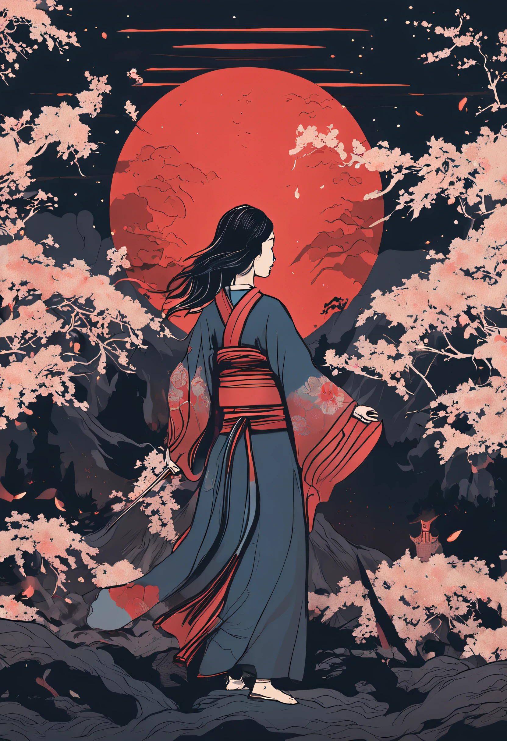 The background is a temple in the Japan that is in flames.、midnight、red hairs、Woman in white kimono holding Japan sword、Women are also burning