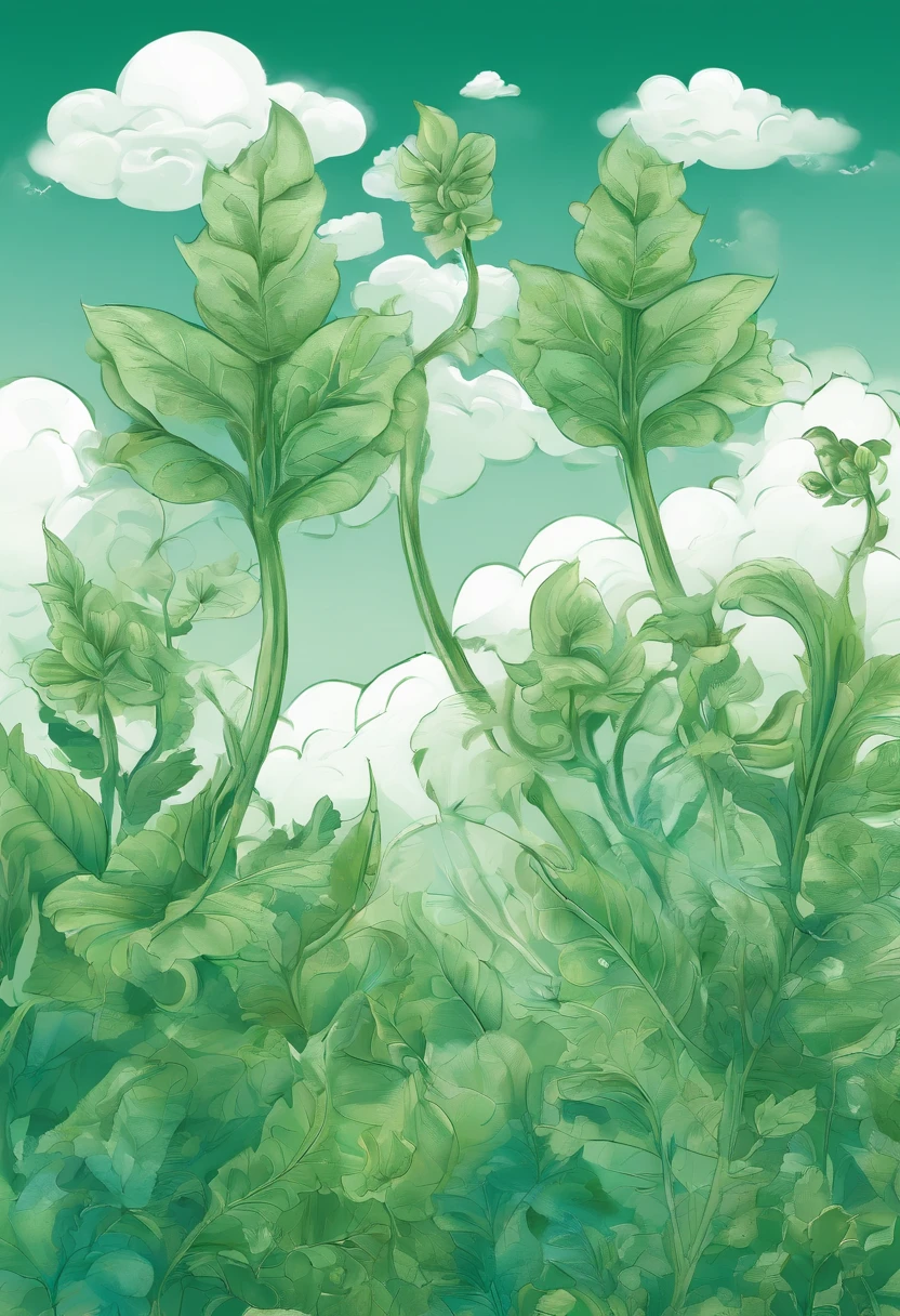 Green plants with different large leaves,Blue sky and white clouds