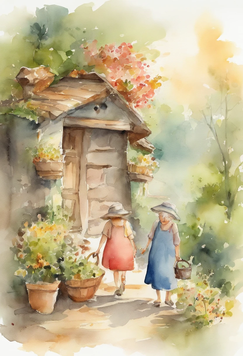 Ghibli style　Simple illustration style、kawaii、Little girl and a grandmother、独奏、Character drawing，The top two-thirds are left blank