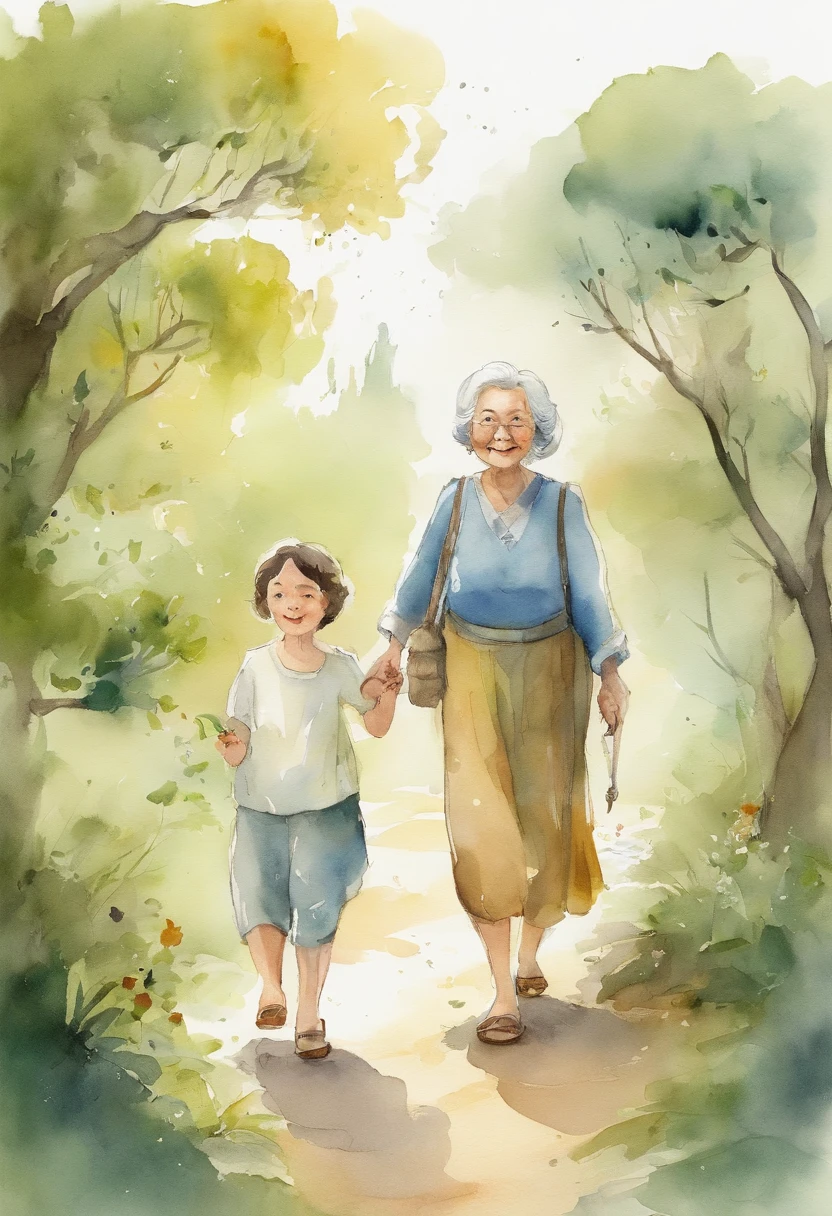 Ghibli style　Simple illustration style、kawaii、Little girl and a grandmother、独奏、Character drawing，The top two-thirds are left blank