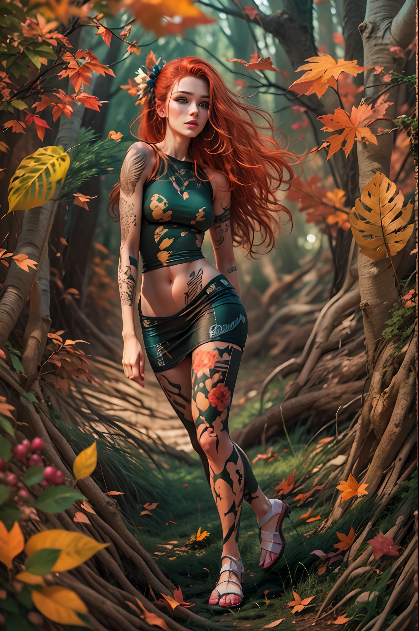 standing full body view 3d digital painting, mystical tribe woman in a colorful forest, small forest creatures around her, big cute eyes, ultra detailed night, nighttime, Honey moon, autumn, long finger na cama, Liying em suas costas, kissing lips, foco facial, pele molhada, redhead, Green hair, Sardas, sorrindo, cabelos longos e lisos, Juventude europeia, Corpo Perfeito, (Rosto detalhado:1.2), (Olhos detalhados:1.2), fotorrealismo da moda, fotografiaultra detailed raytracing reflections, beautiful Hair style, ultra detailed face, creative tattoos, magic effect around her, complex hair physics, windy, flirty expression, realistic beautiful body proportions, impressive, natural make up, dirty clothing, natural colors