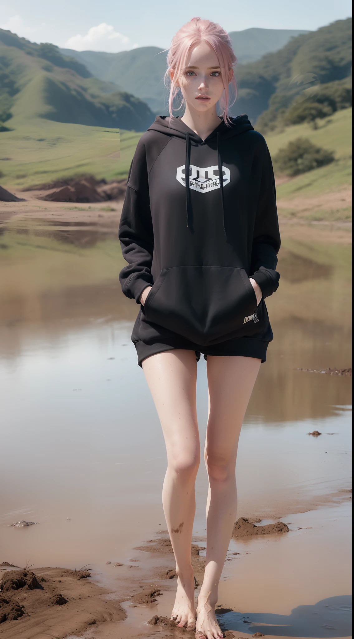 (full body portrait:1.3),dynamic pose,1girl,pale skin,pink hair,delicate face,heterochromia eyes,freckles,(black baggy hoodie:1.3,muddy dirty barefoot:1.3),(thigh gap:1.3,thighs:1.3,one hip up:1.3),(best quality:1.2,ultra-detailed,realistic:1.37),soft colors,polished lighting