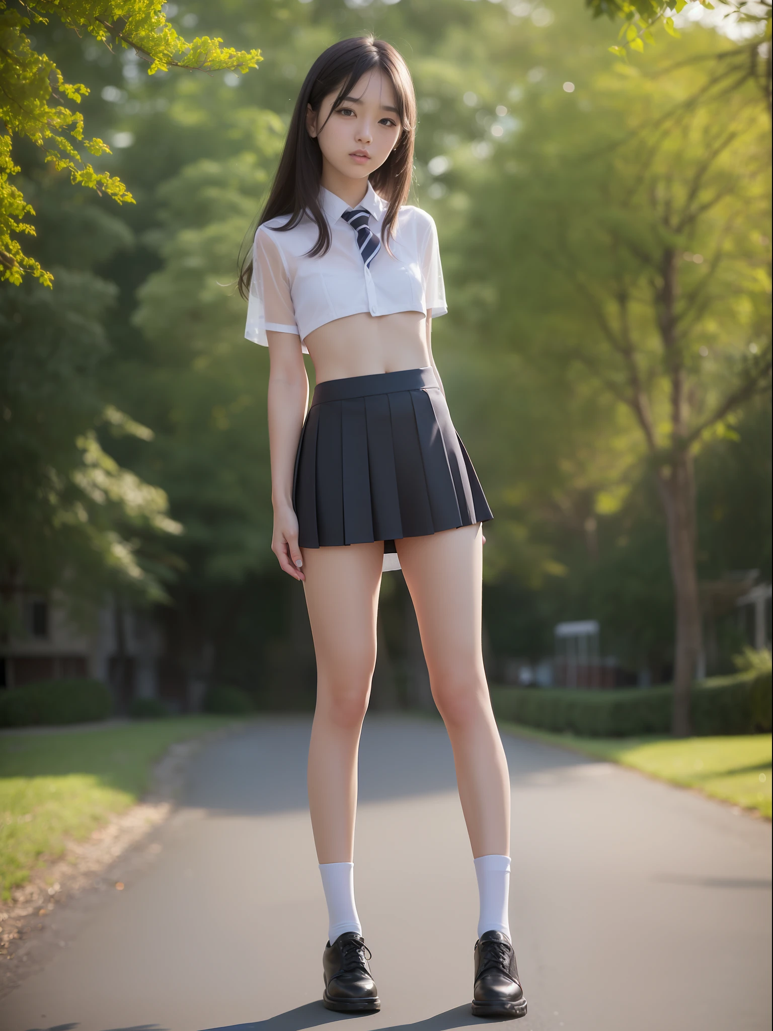 18 Year Old Woman, Long hair, Raw photo, Bokeh (Realism: 1.4, Realistic), high-definition CG unified 8K wallpapers, 1girl in, ((Slim body: 1)), (Small breasts: 1), Back to viewers, ((Direct view from the front)), (HQ Skin: 1.4), 8K UHD, Digital SLR, Soft light, High quality, Film grain, FujifilmXT3, ((School uniform, Short skirt,See-through open skirt:1.5)), ((plein air, on the park))) jangjoo, Portrait,((Layered short haircuts, Black Hire,tiny chest:1.2)),(Looking at Viewer:1.4),(Full body:1.8),Detailed face,undergarment,crouching down,Bend over,see-through skirts,The bikini,