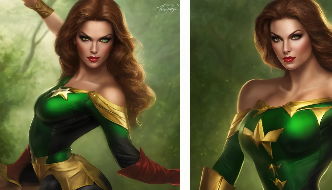 a sexy beautiful superheroine, brown hair, olhos verdes, malha verde com uma borda externa preta, The Leotard has an opening in the chest area,. capa vermelha, faixa vermelha com medalha de ouro no centro, wears high-kneeled boots that are black at the top and green at the bottom portrait photograph by artgerm, no estilo do realismo, pele cintilante, natural lighting, Defined full lips. Female body muscle fitness