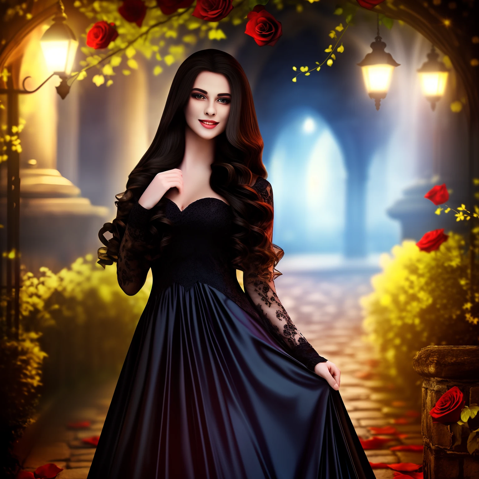 a vampire in love,long flowing hair,blood-red eyes,sharp fangs,listening to classical music in a moonlit garden,a mesmerizing smile,black lace dress,gently holding a red rose in her hand,the rose petals falling like drops of blood(best quality,ultra-detailed,realistic:1.37),dark and romantic,soft candlelight illuminating her porcelain skin,casting elegant shadows on the cobblestone path,vivid colors contrasting with the night's darkness,subtle glow surrounding her,surreal and captivating scene.