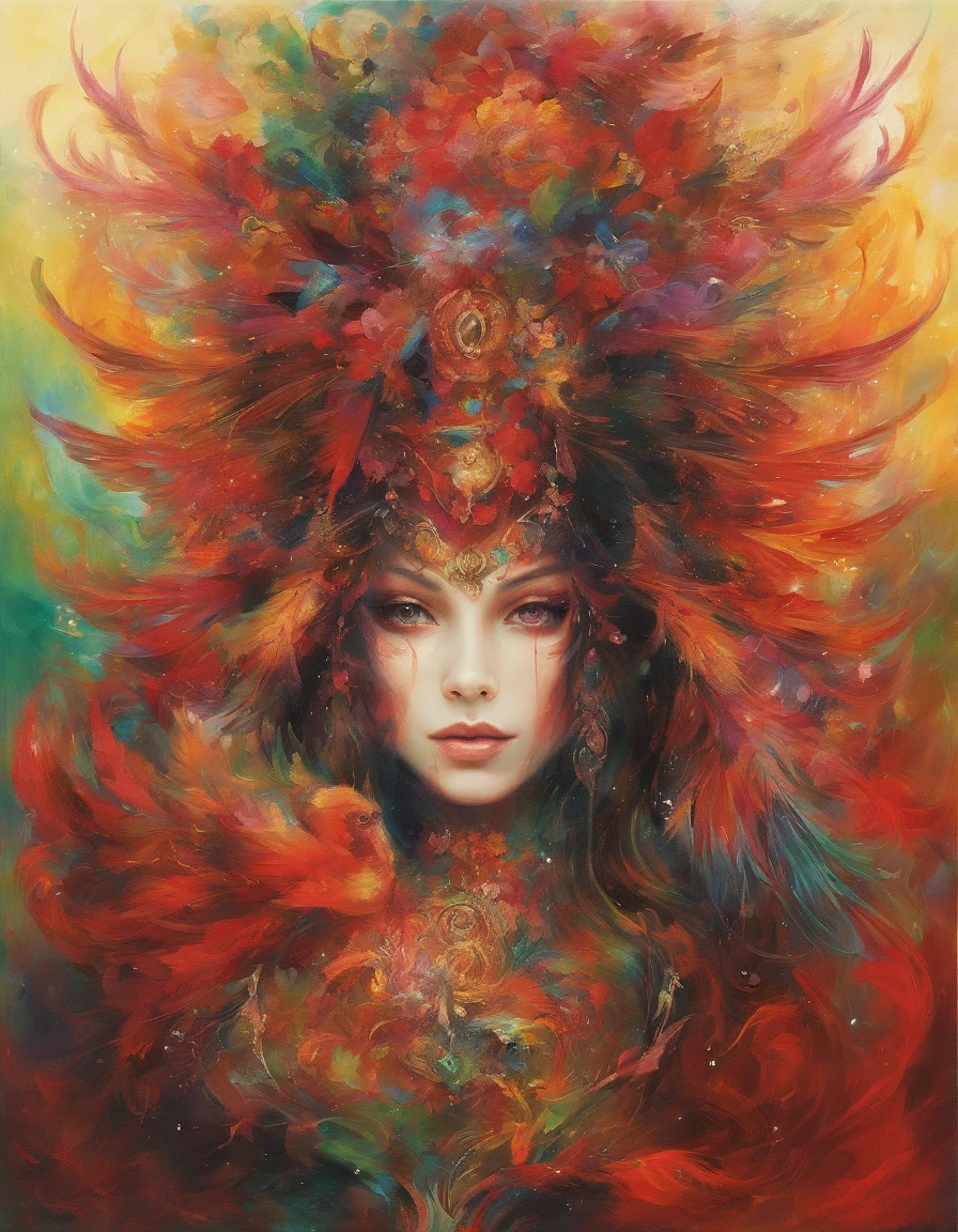 Crie uma pintura impressionistade um cavaleiro guerreiro assustador, neve, cinzas cosmicas, (olhando para a frente) , Sober, (fundo preto), UHD 8k, Very high quality for excellent printing. Lighting that highlights the figure in relation to the background, cores verde, amarelo e vermelho, artistic, intrincado