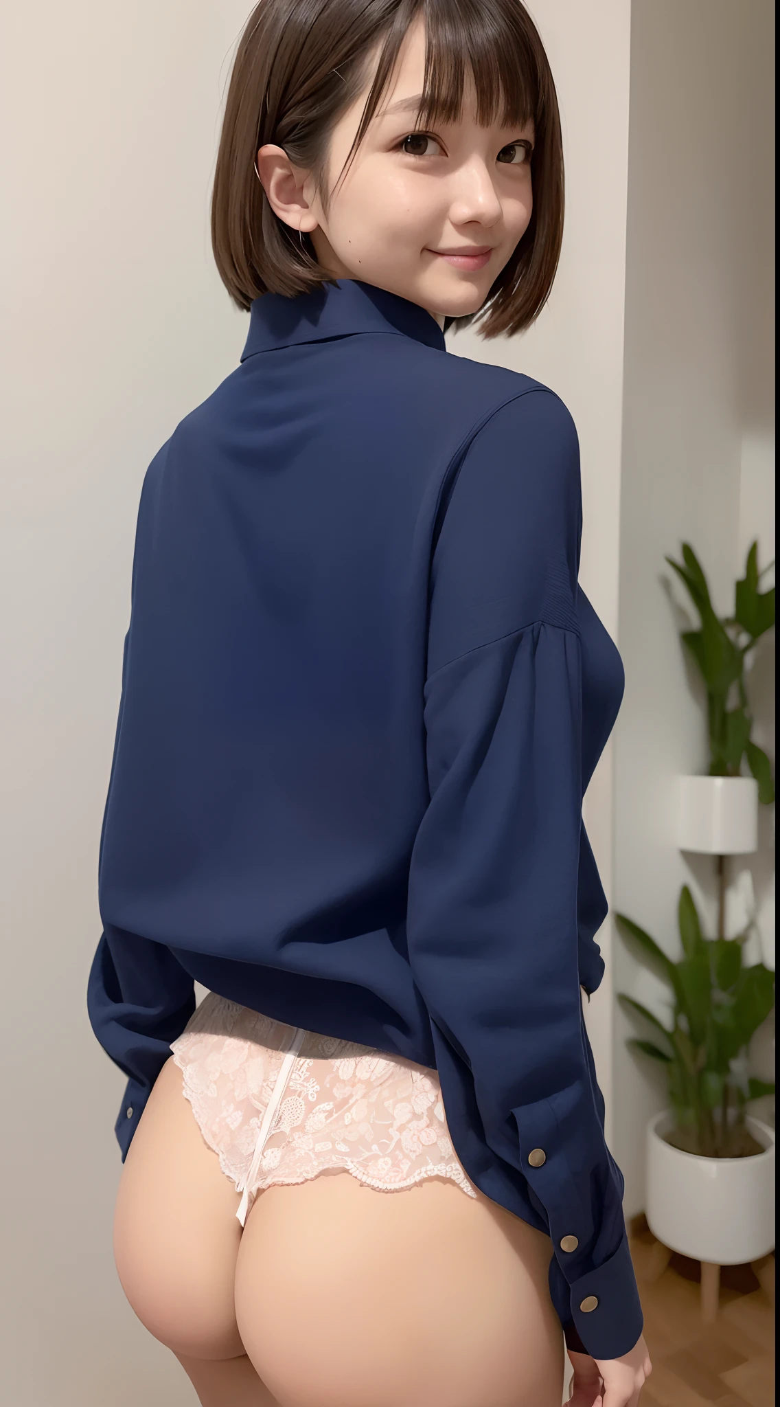 masutepiece、Best Quality、ultra-detailliert、high-level image quality、((1girl in))、open collared shirt、A slight smil、backs、((stick out buttocks))