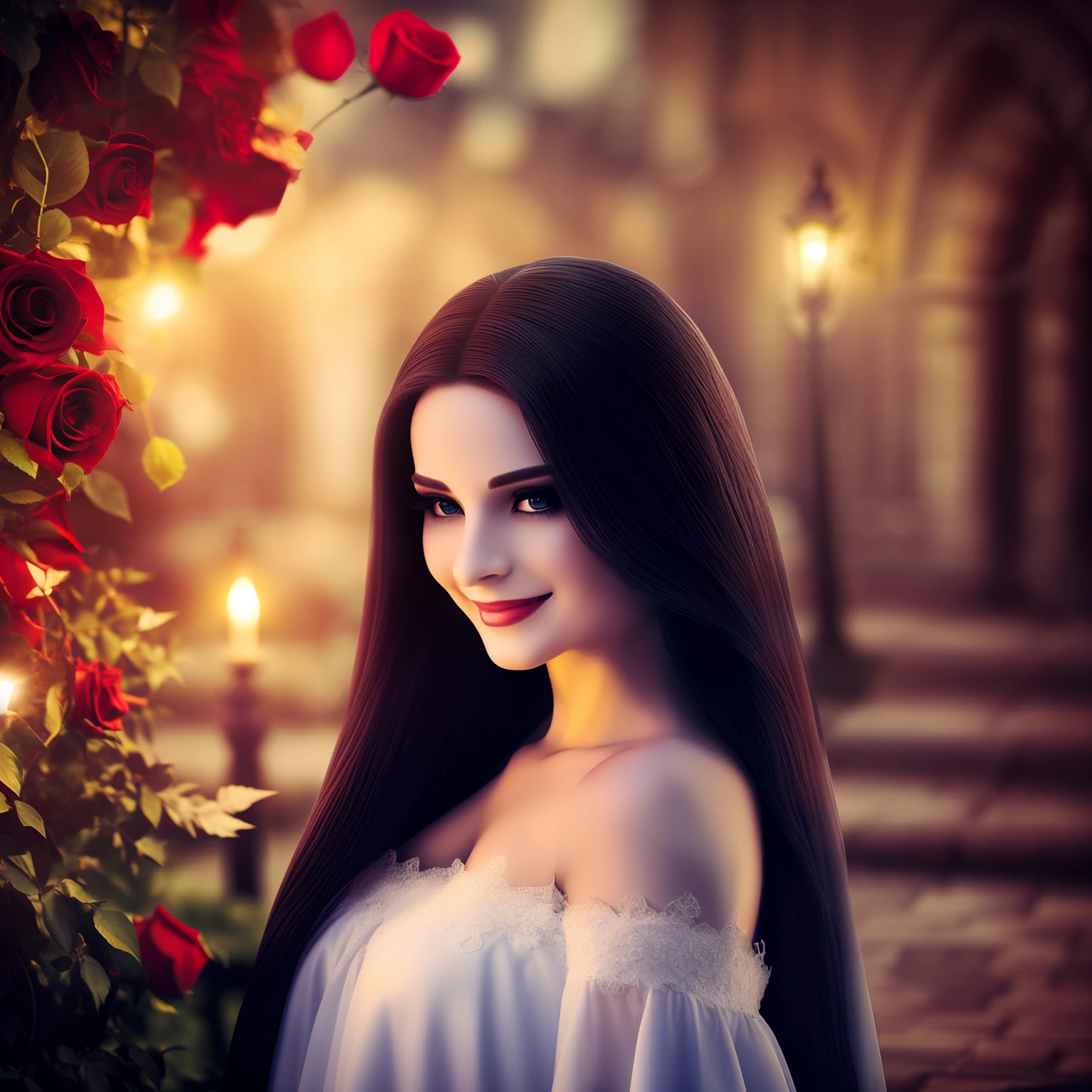 a vampire in love,long flowing hair,blood-red eyes,sharp fangs,listening to classical music in a moonlit garden,a mesmerizing smile,black lace dress,gently holding a red rose in her hand,the rose petals falling like drops of blood(best quality,ultra-detailed,realistic:1.37),dark and romantic,soft candlelight illuminating her porcelain skin,casting elegant shadows on the cobblestone path,vivid colors contrasting with the night's darkness,subtle glow surrounding her,surreal and captivating scene.