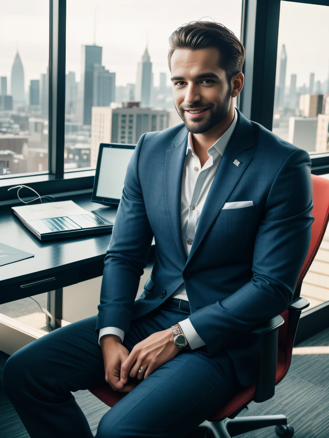 Handsome man sitting in office,crewcut,Business Suit,windows,Cityscape,full bodyesbian,matured male,,Best Quality, 50 mm f/2.8, Photo and GQ Magazine, Trending with Flickr masterpieces, High resolution, Best Quality,, Realistic, photos realistic, Video Photos, A hyper-realistic, 1 persons, detailliert, Perfect Lighting, DSRL, professional photograpy, 4K ,Blue lighting,smil