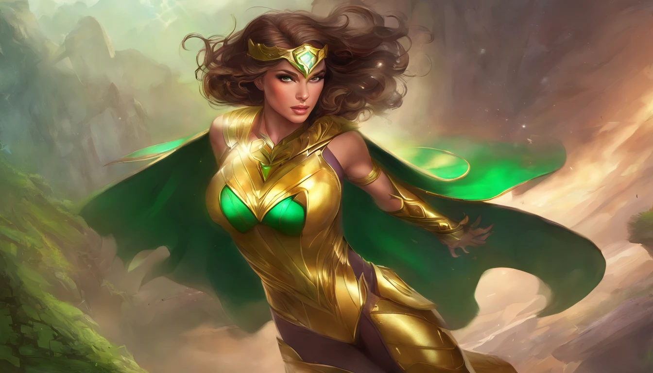 a sexy beautiful superheroine, brown hair, olhos verdes, malha verde com uma borda externa preta, The Leotard has an opening in the chest area,. capa vermelha, faixa vermelha com medalha de ouro no centro, wears high-kneeled boots that are black at the top and green at the bottom portrait photograph by artgerm, no estilo do realismo, pele cintilante, natural lighting, Defined full lips. Female body muscle fitness
