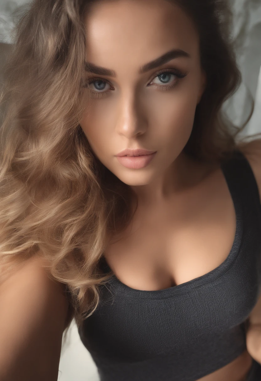 Arafed woman with tank top, fille Sexey aux yeux bruns, Portrait Sophie Mudd, cheveux bruns et grands yeux, selfie of a young woman, Yeux de chambre, Violet Myers, sans maquillage, maquillage naturel, looking straight at camera, Visage avec Artgram, Maquillage subtil, Superbe photo du corps entier, dans la chambre, clivage, tits, ass, Sexey,