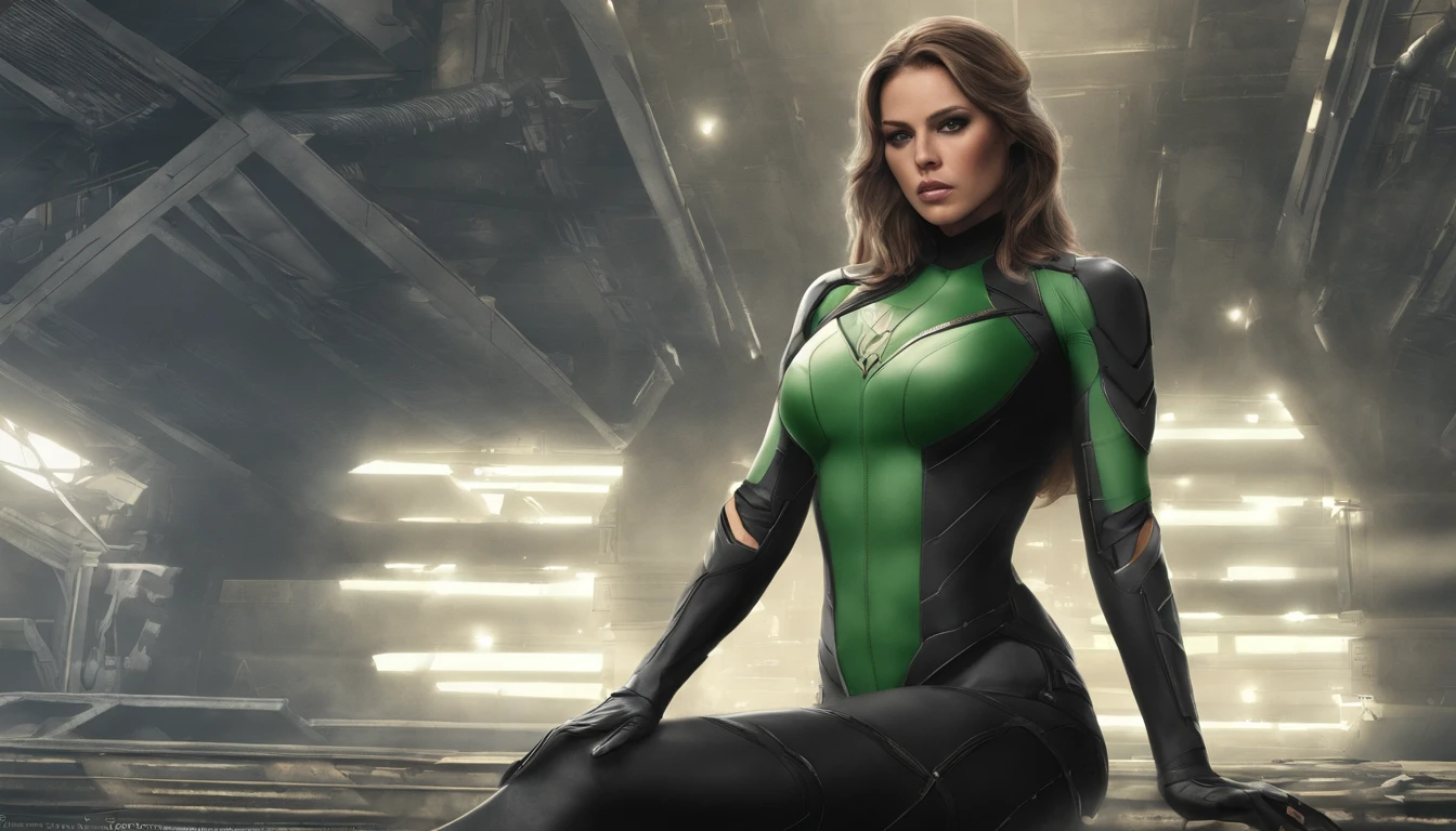 a sexy beautiful superheroine, brown hair, olhos verdes, malha verde com uma borda externa preta, The Leotard has an opening in the chest area,. capa vermelha, faixa vermelha com medalha de ouro no centro, wears high-kneeled boots that are black at the top and green at the bottom portrait photograph by artgerm, no estilo do realismo, pele cintilante, natural lighting, Defined full lips. Female body muscle fitness